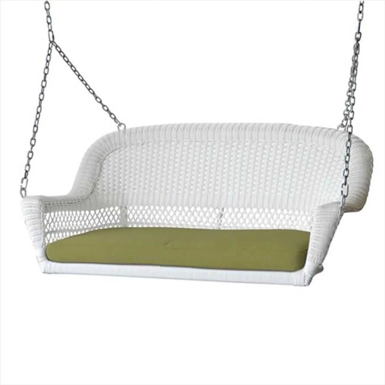 White Wicker Porch Swing With Green Cushion