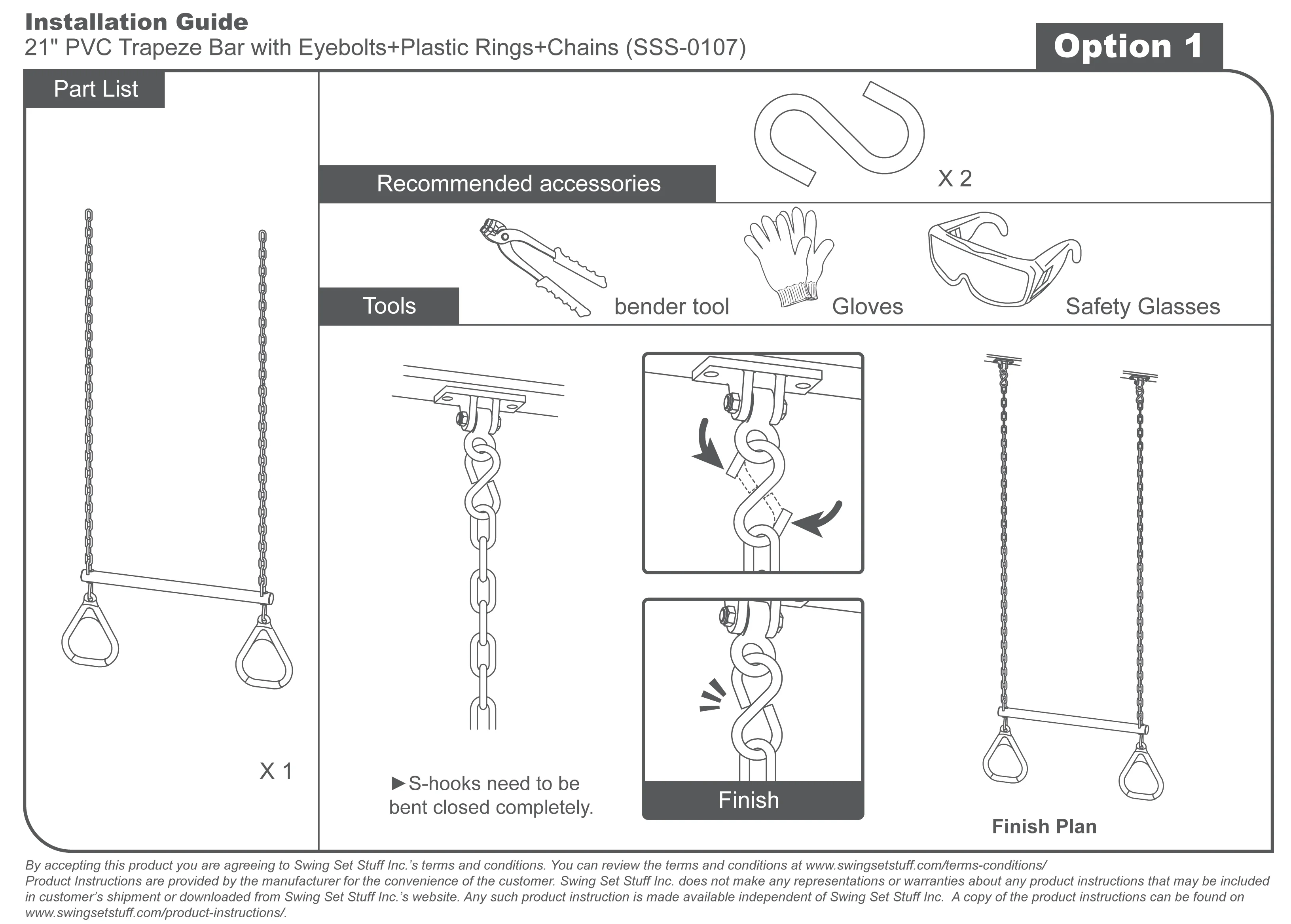 Swing Set Stuff Inc. Trapeze Bar with Rings and Uncoated Chain (Yellow)