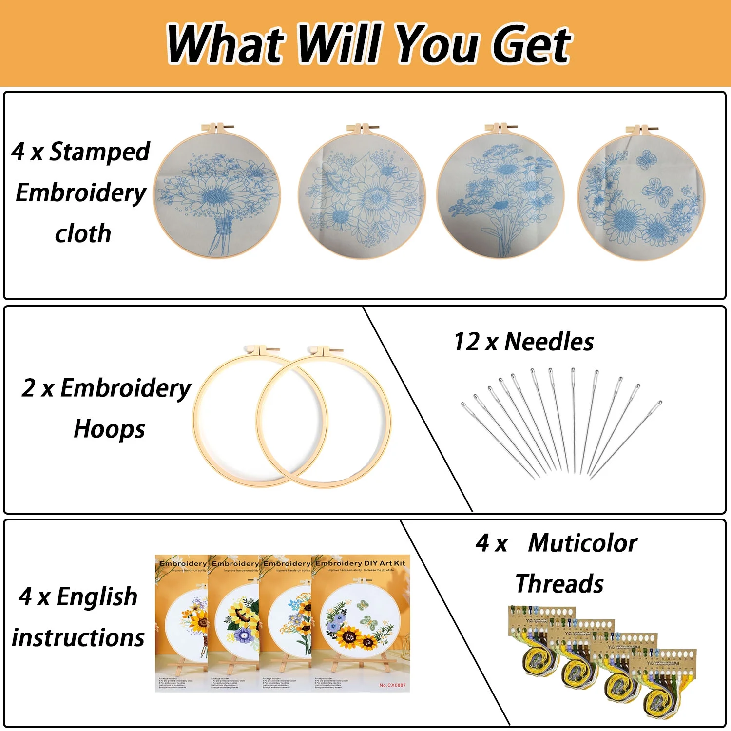 Embroidery Kit for Beginners,Jiaroutk 4 Sets Embroidery Starter Kit with Pattern and Instructions Craft Stamped Cloth with Sunflower Pattern Hoops Threads and Needles