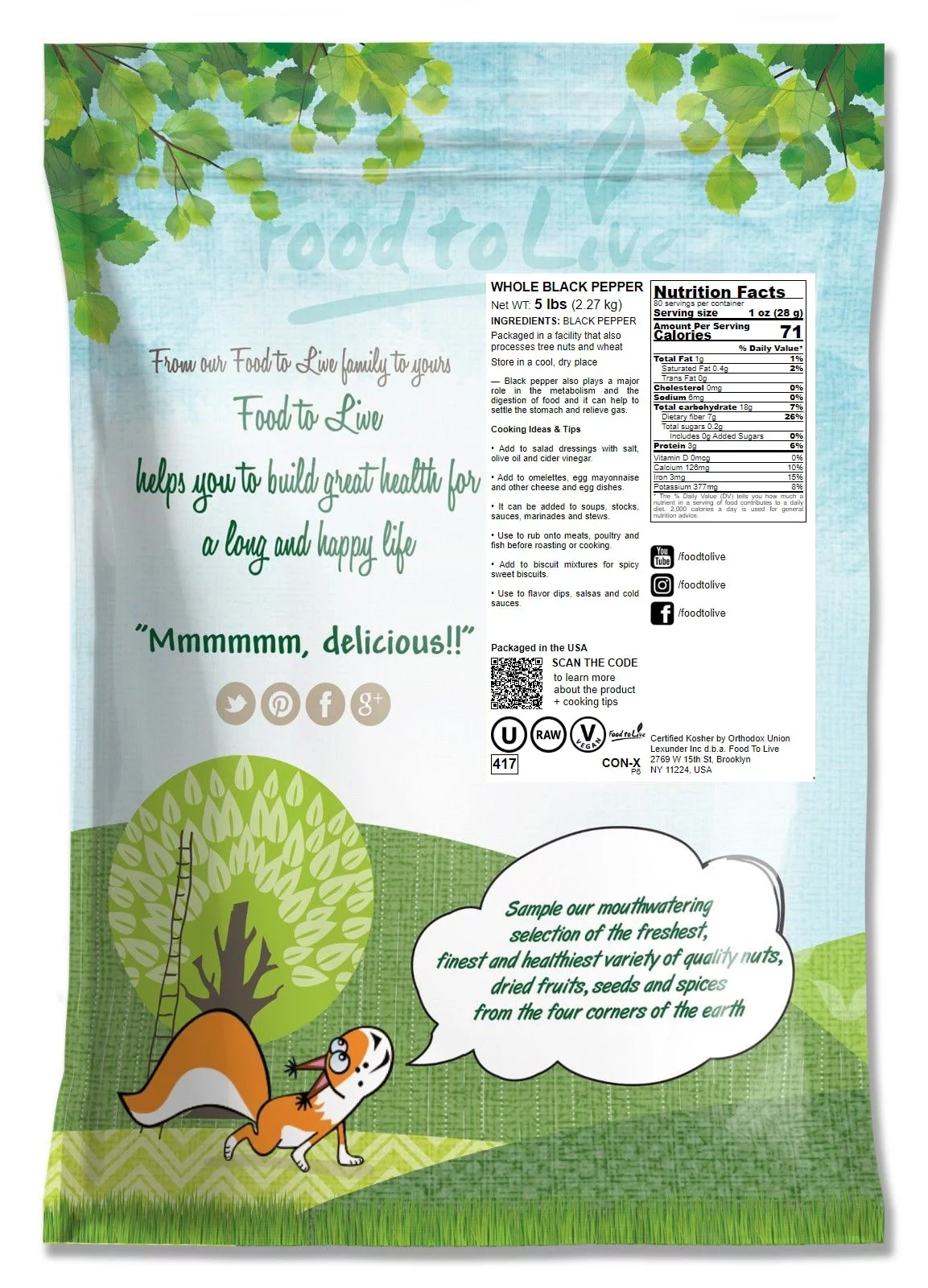 Food to Live, Whole Black Pepper, 5 Pounds, Kosher, Vegan