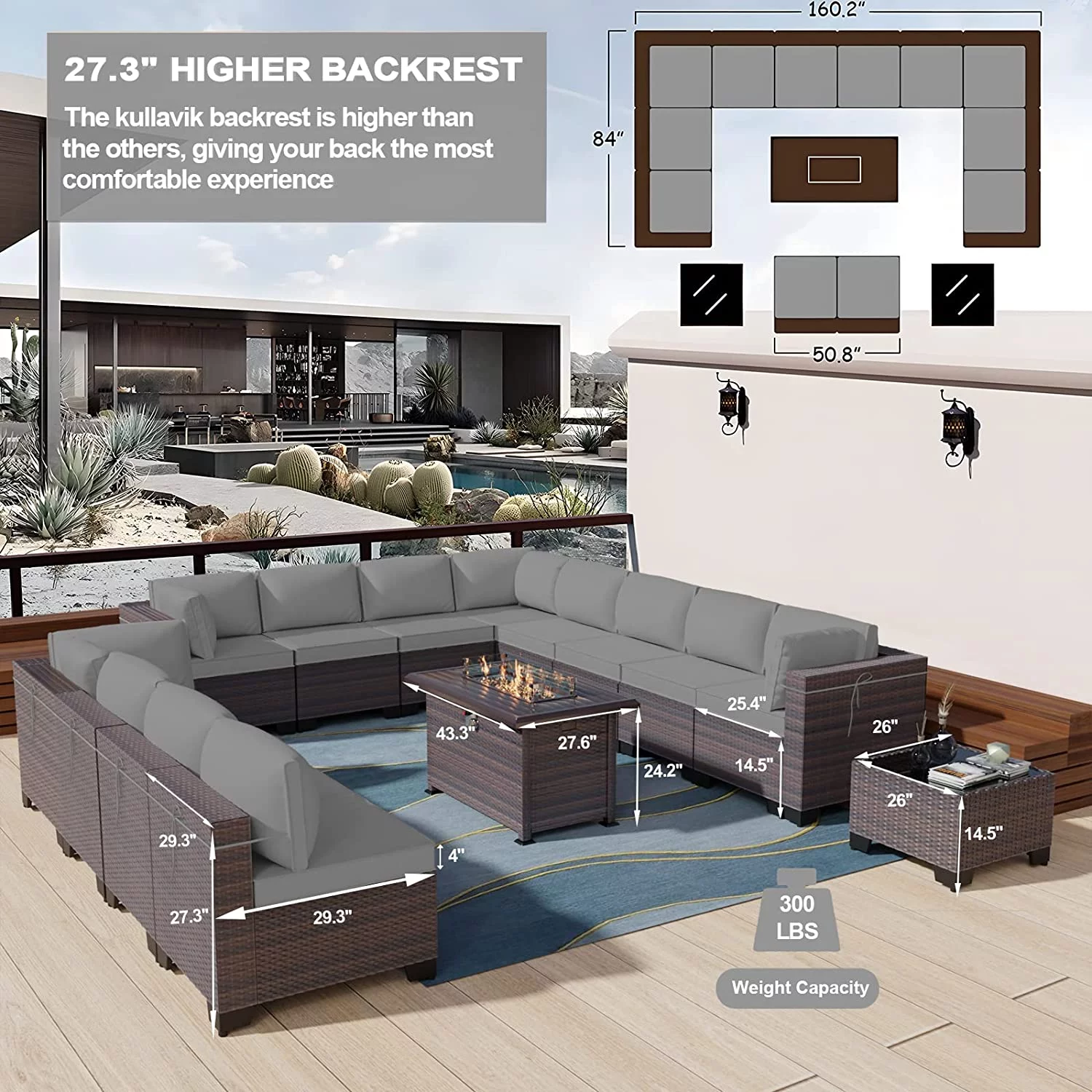 8PCS Outdoor Patio Furniture Set with 43" 55000BTU Gas Propane Fire Pit Table PE Wicker Rattan Sectional Sofa Patio Conversation Sets Navy Blue