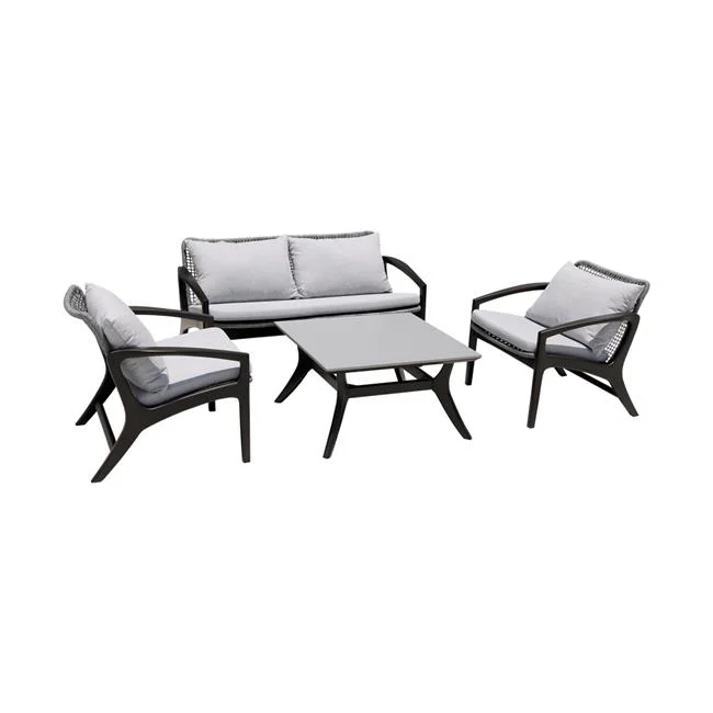 Brighton Outdoor Patio Seating Set in Dark Eucalyptus Wood with Grey Rope & White Cushions - 4 Piece