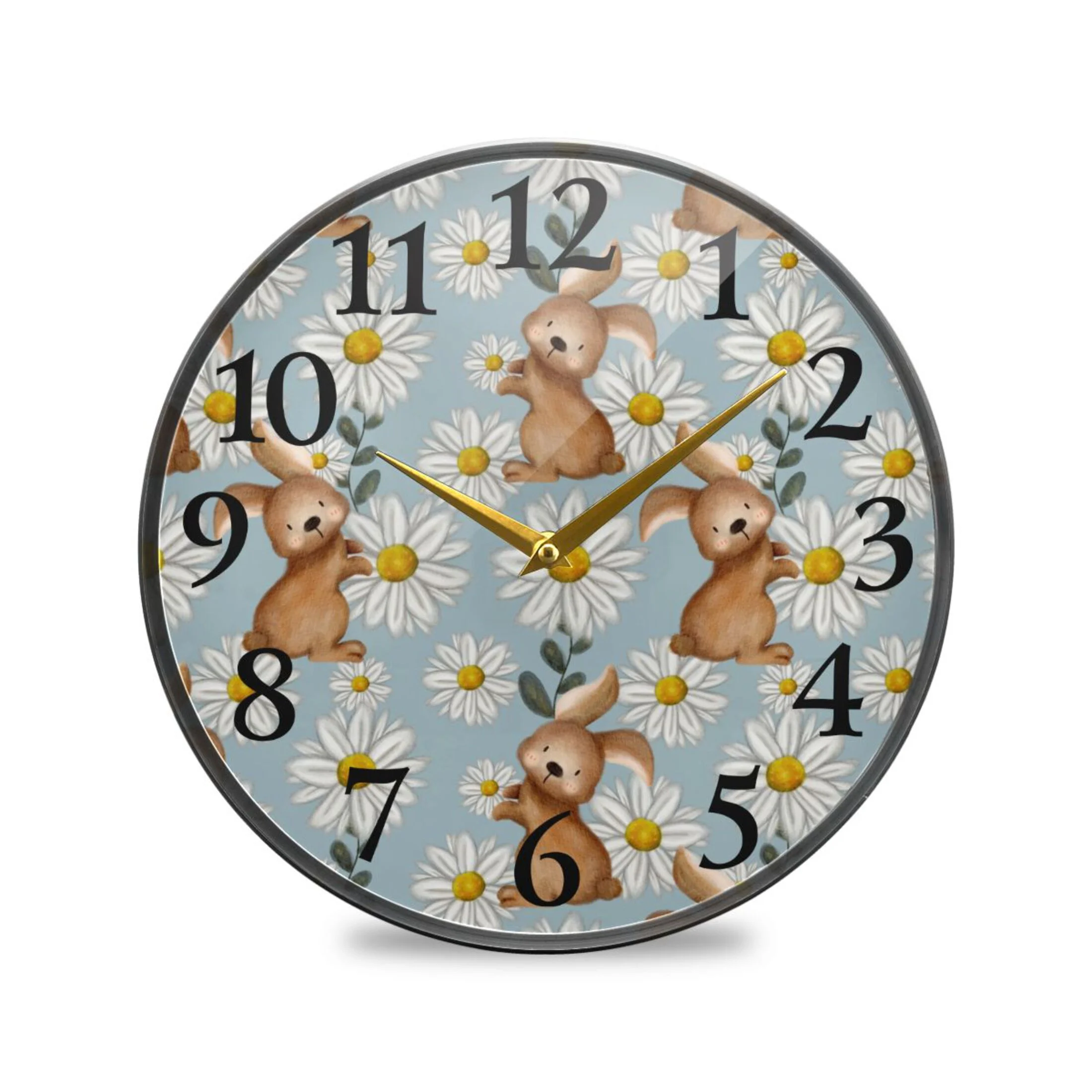 Rabbit and Daisy Flower Watercolor Wall Clocks Battery Operated 9.5 Inch Round Clock Acrylic Silent Non-Ticking Bedroom Living Room Decorative Clocks