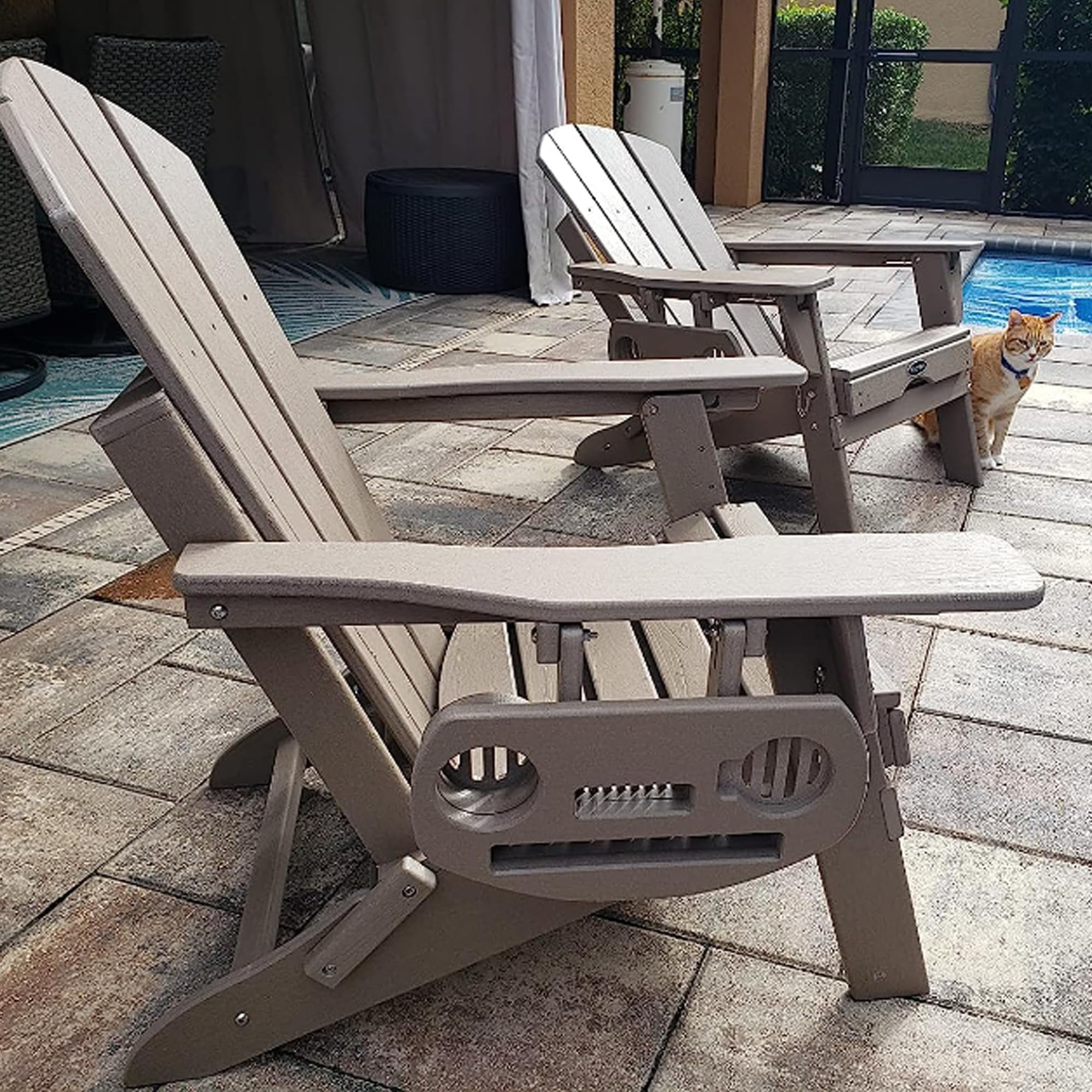 2PCS Folding Adirondack Chair with Retractable Ottoman, HDPE All-Weather Resistant Adjustable Backrest Adirondack Chair w/4 in 1 Cup Holder Trays, Wood Texture Brown