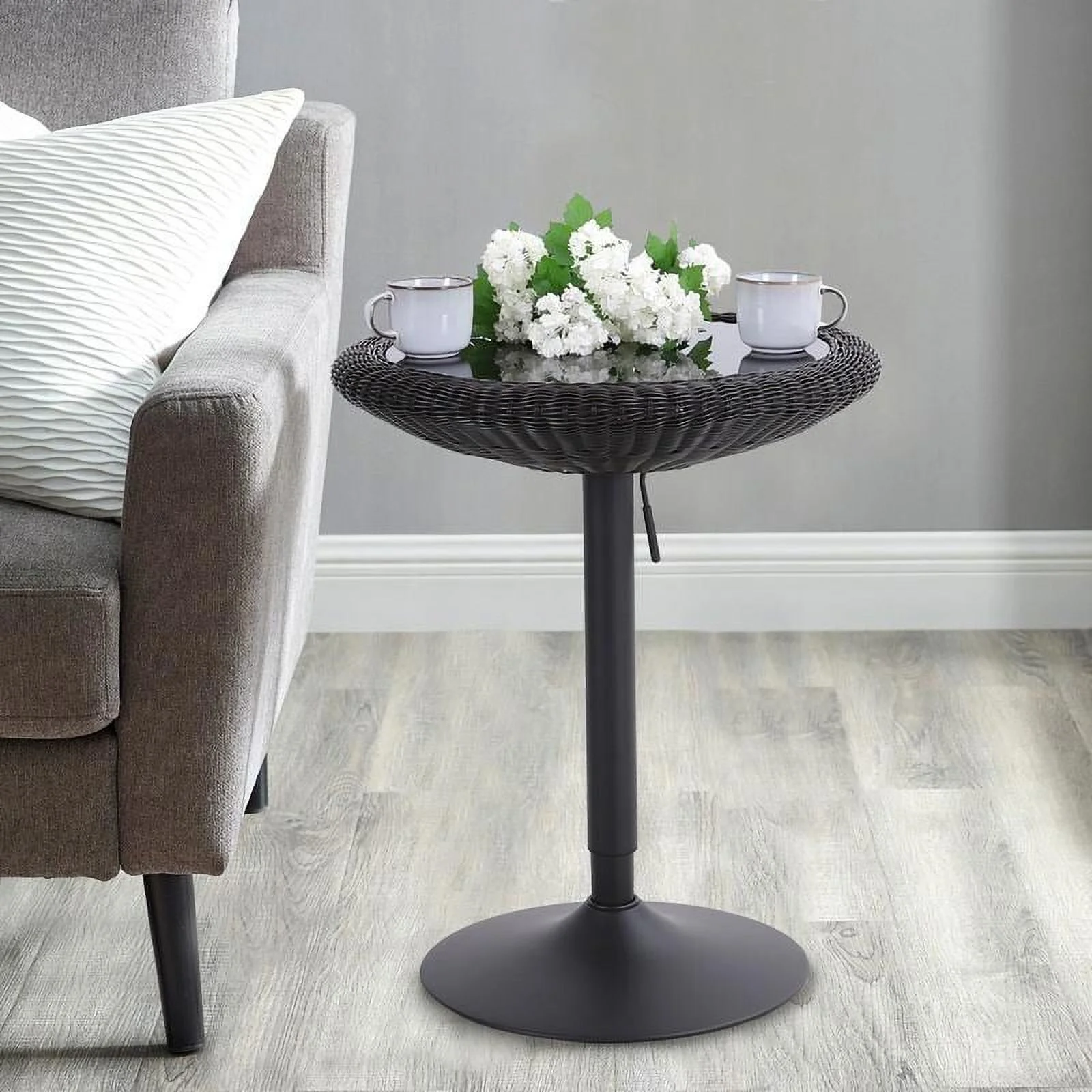 Phi Villa  Adjustable Rattan Pub Bar Table, Round Glass Table Top 29