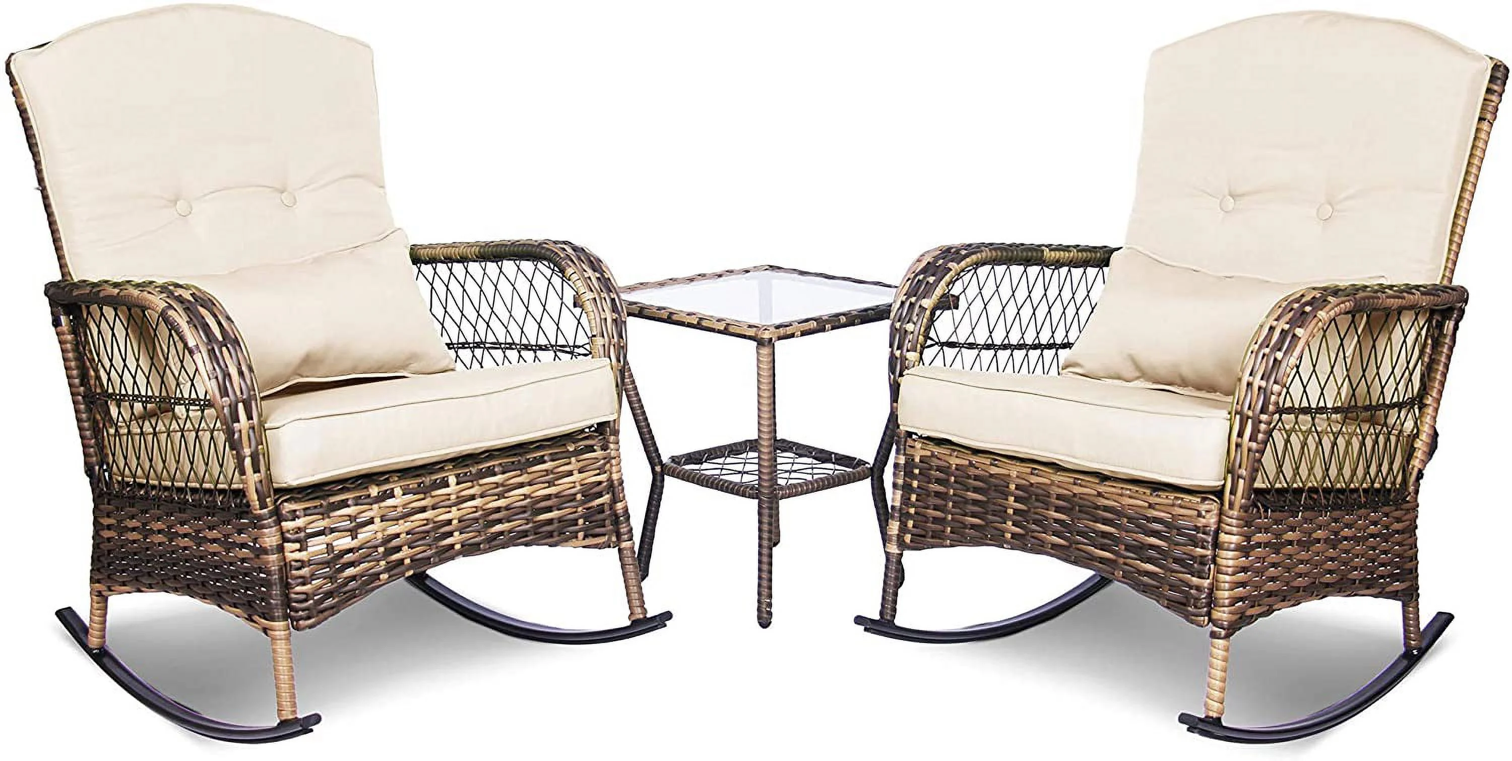 3 Pieces Patio Conversation Set w/ 2 Rattan Wicker Rocking Chairs and Glass Table for Garden Backyard Lown Porch (Green)