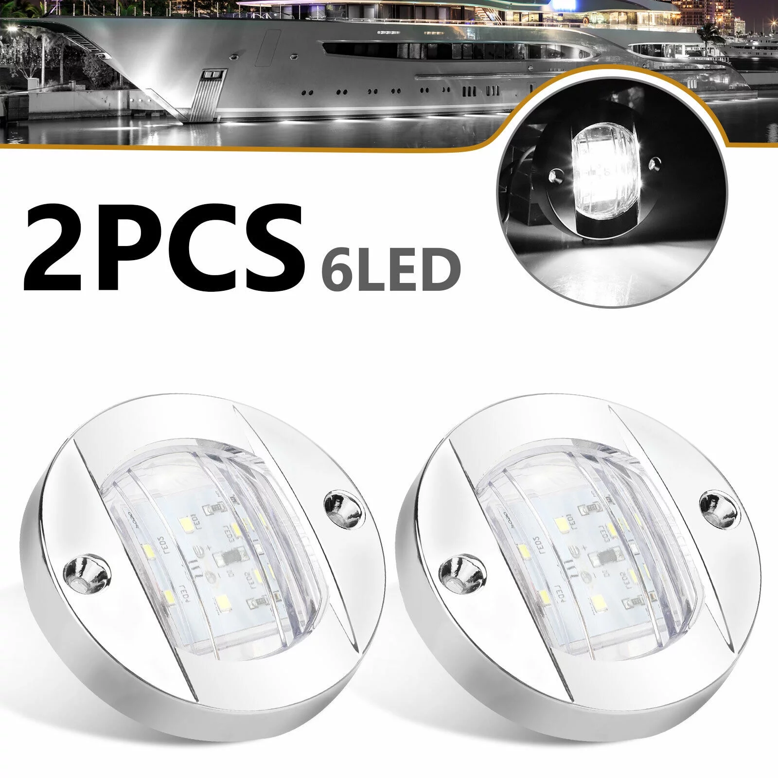 2X Round Marine Boat LED Courtesy Lights Cabin Deck Stern Navigation Light White