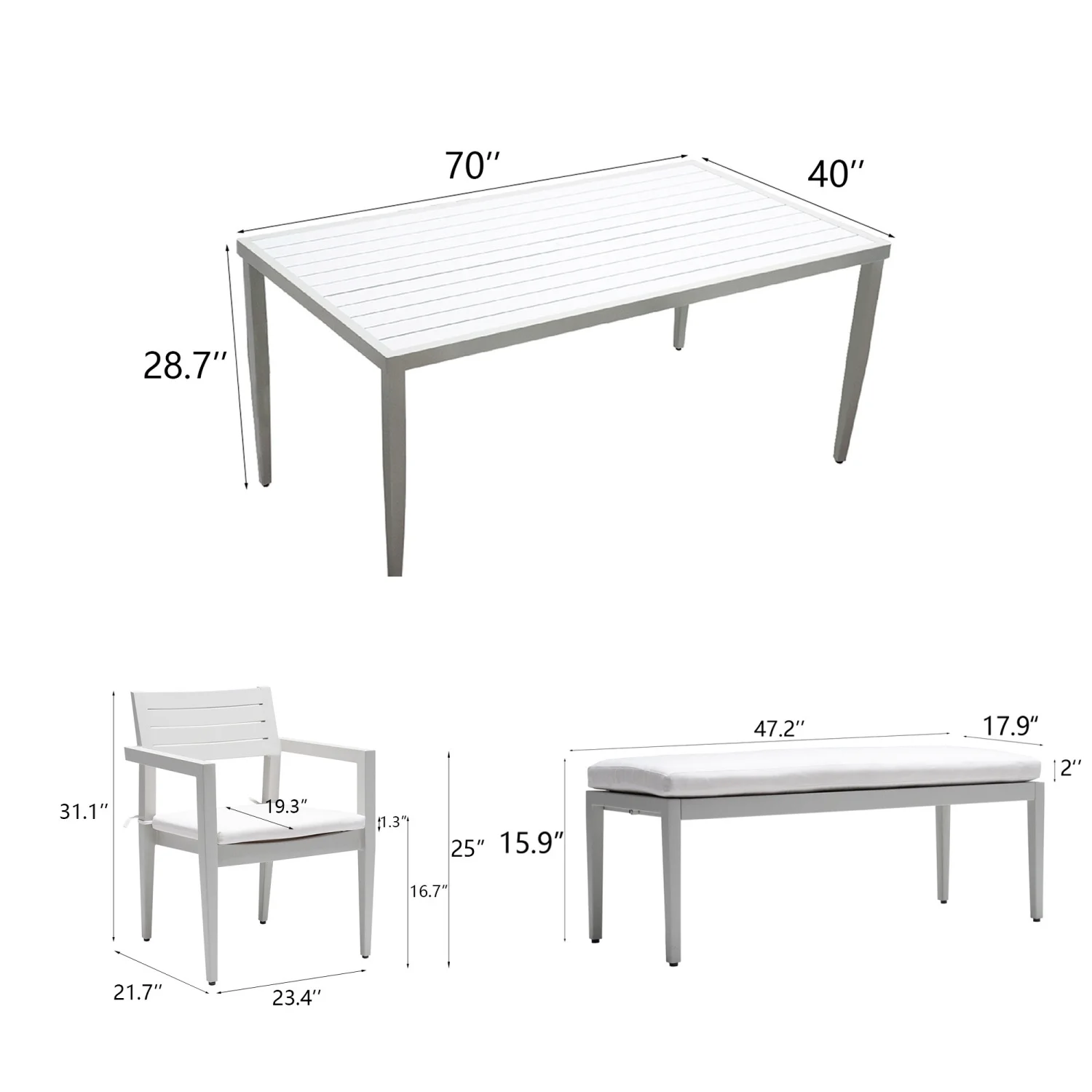 Contemporary 6PC Outdoor Dining Set - Modern Aluminum Patio Furniture with Sunbrella Fabric Cushioned Chairs  Bench  and Two-tone Table. Matte White+Grayish Rectangle Table with Umbrella