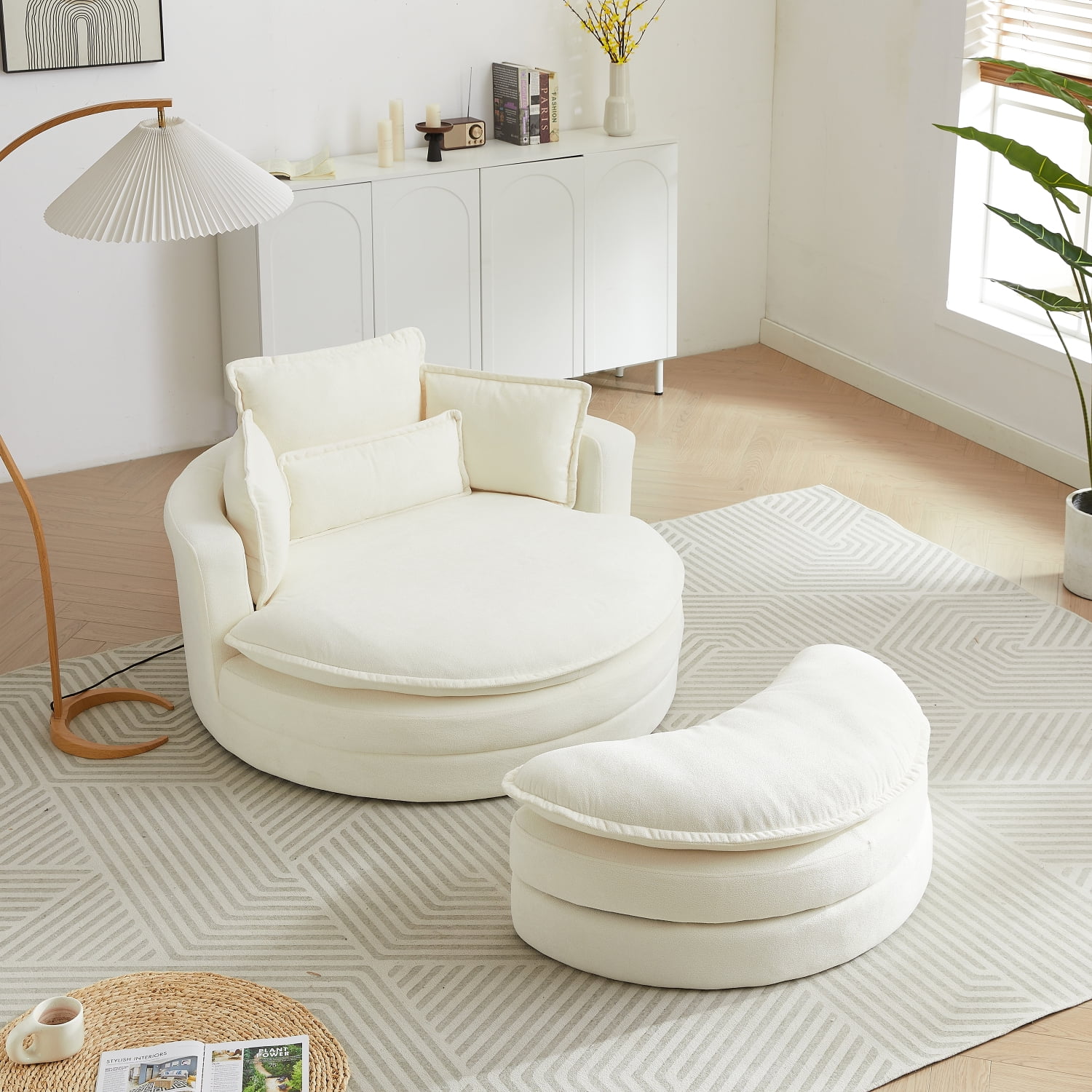 Beige Modern Swivel Barrel Lounge Chair with Storage Ottoman  Chenille Fabric  Includes 4 Pillows - Perfect for Living Room or Hotel Decor