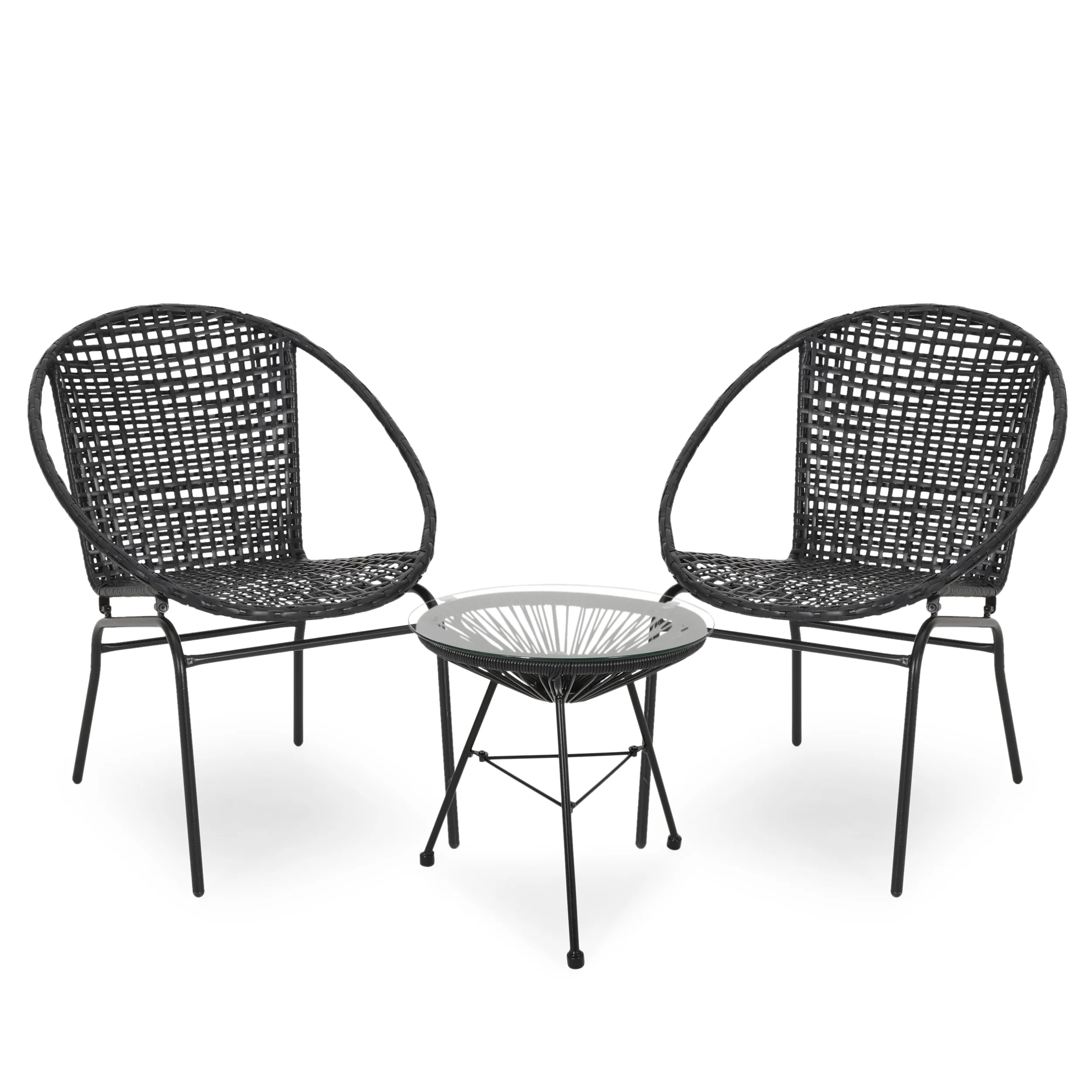 Cing Outdoor Modern 2 Seater Faux Rattan Chat Set, Black