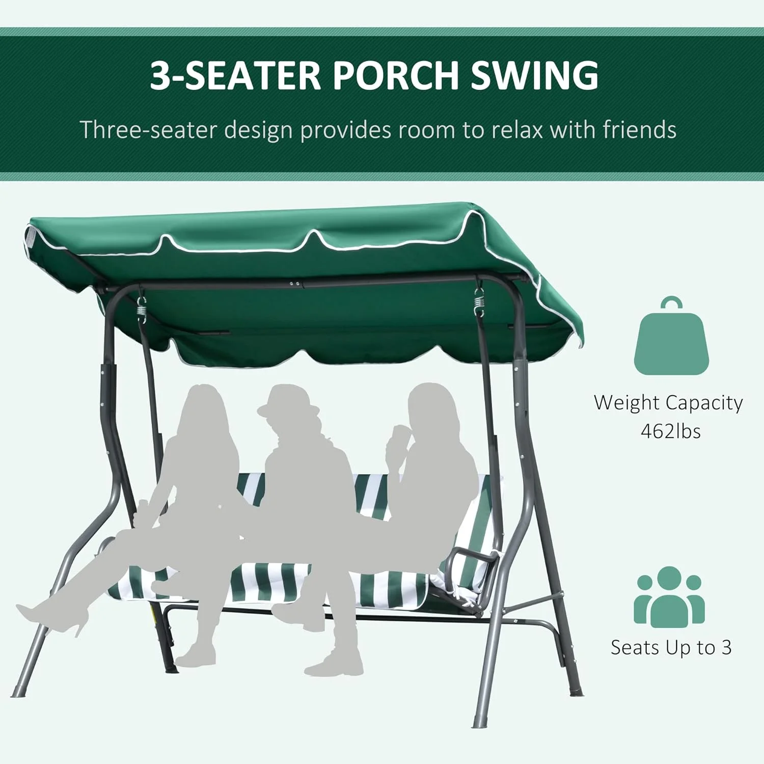 Green 3-Seat Patio Swing: Removable Cushion, Steel Frame, Adjustable Canopy
