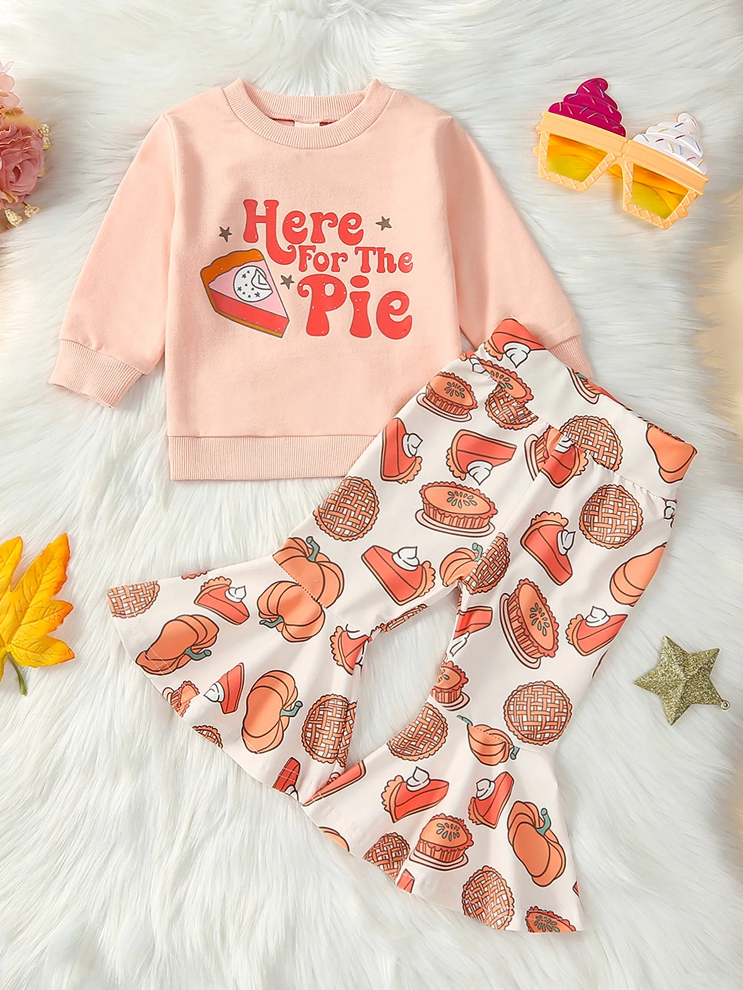 HOANSELAY Baby Girl 2Pcs Thanksgiving Outfits Long Sleeve Sweatshirt + Pie Print Flare Pants Set