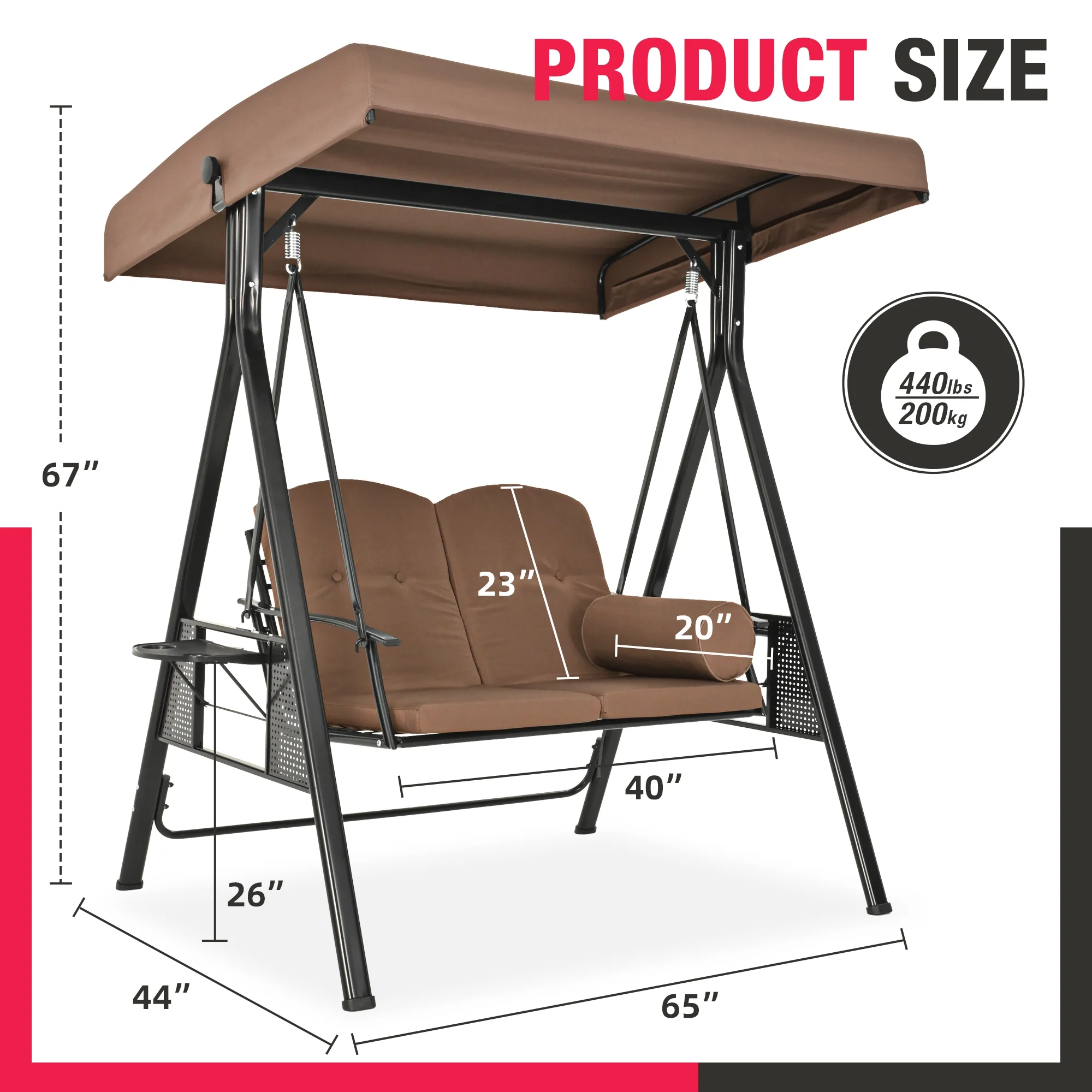 2-Person Brown Metal Patio Swing with Canopy and Cushions