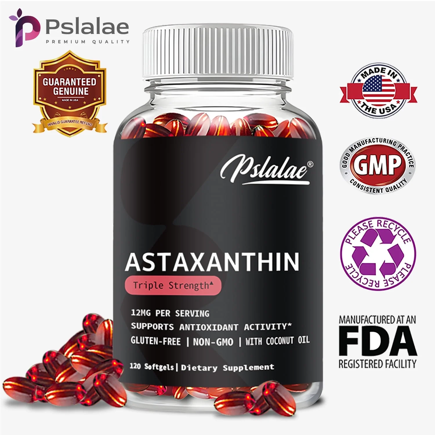 Pslalae Astaxanthin 12mg - Anti-oxidation, Heart, Joint, Eye and Skin Health (30/60/120 Softgels)