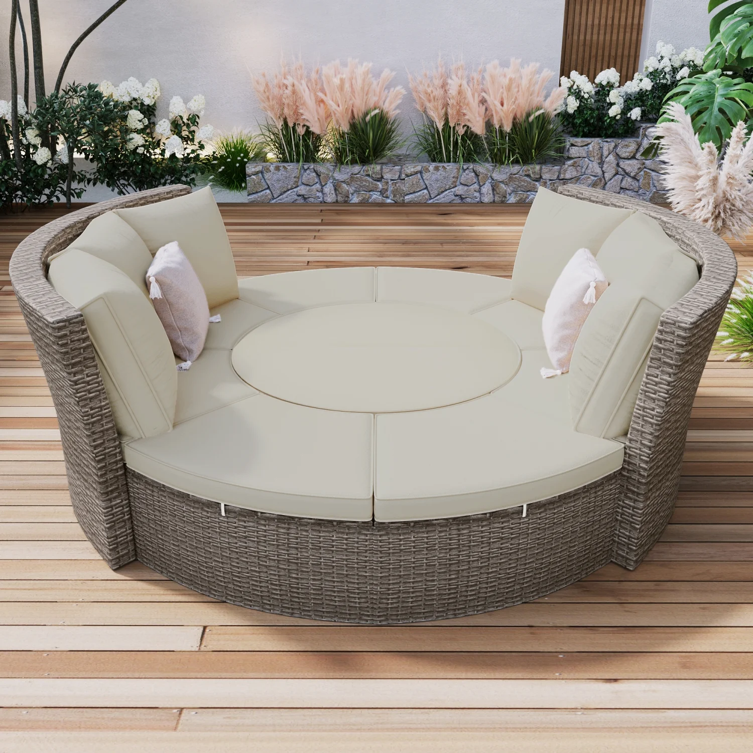 Elegant and Stylish Gray All-Weather PE Wicker 5-Piece Round Rattan Sectional Sofa Set for Outdoor Backyard Poolside - Topmax Round Liftable Table  Washable Cushions  and Sunbed Daybed