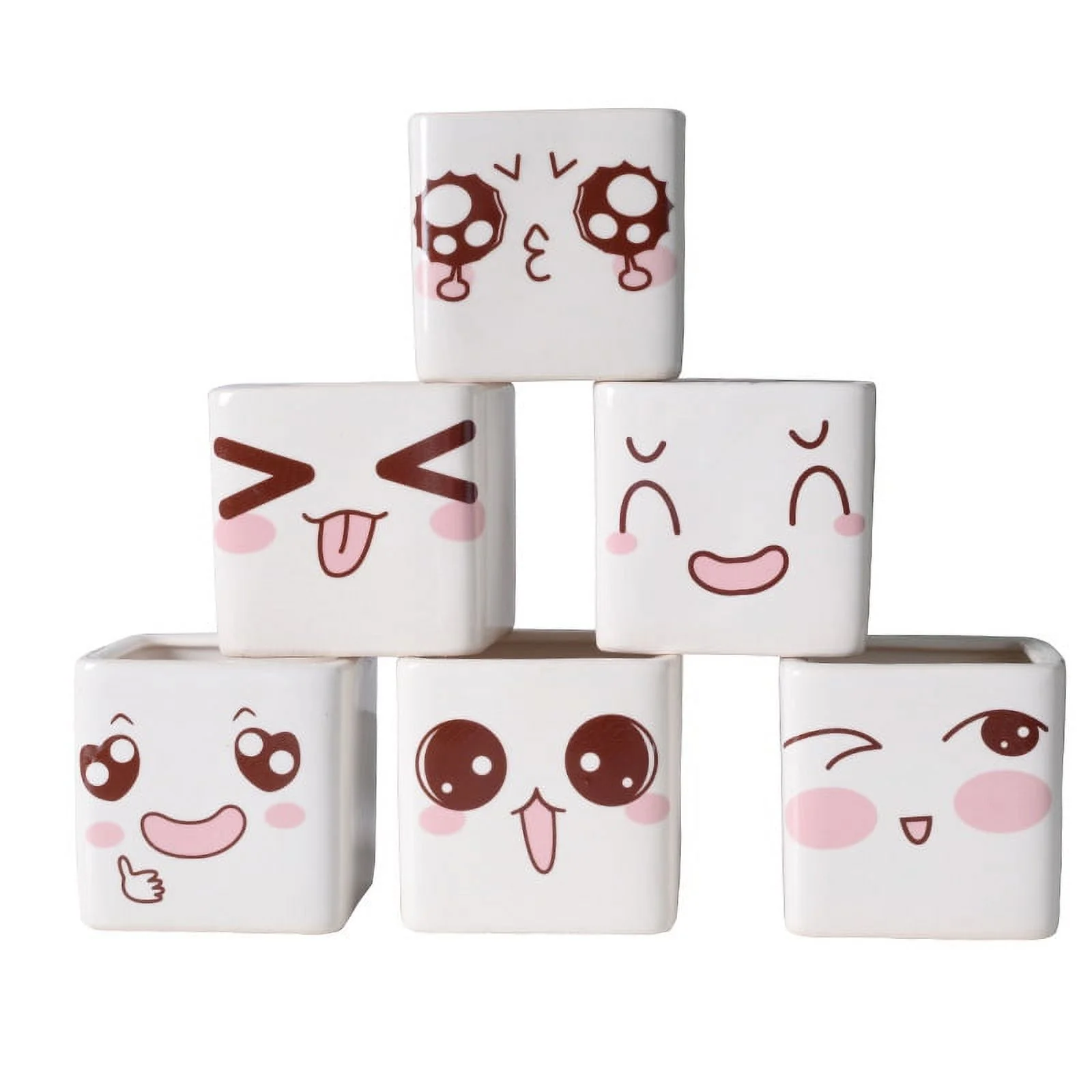 LivNxt Square Cartoon Expression Ceramic Succulent Planter - Creative Desktop Plant Pot - 6 pcs per set(7*6.5*6.5cm)