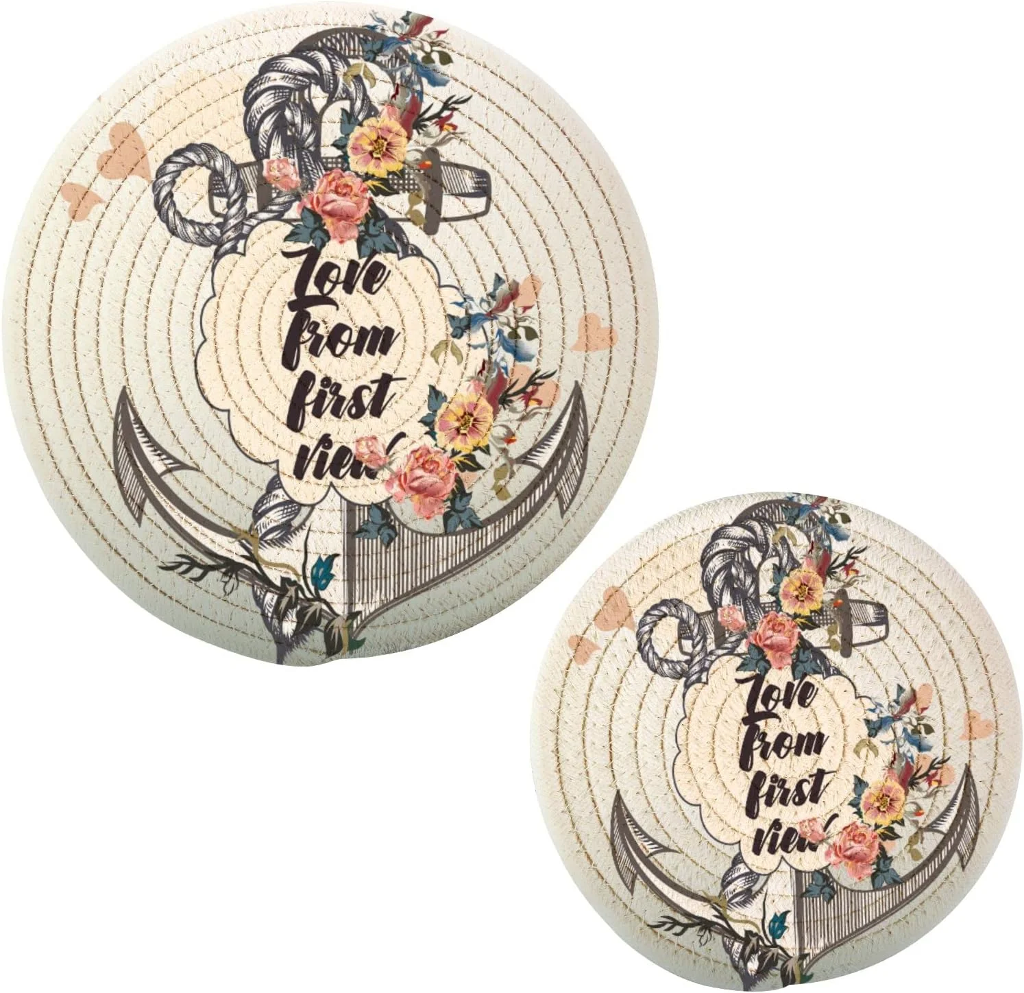 SKYSONIC Vintage Anchor Flowers Pot Holders Trivets, 2 Pcs Heat Resistant Trivets,Summer Marine Cotton Thread Weave Mats for Hot Pads Pans Pot Bowl Teapot for Kitchen Decor