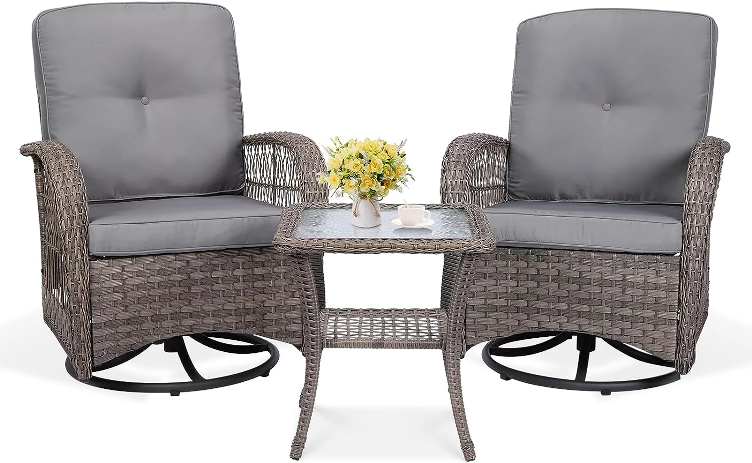 VIVIJASON 2-Piece Patio Wicker Loveseat Glider Set Cushioned, Outdoor Conversation Furniture Sets with 2-Seater Glider Rocking Bench, Coffee Table and Cushions for Porch Garden Poolside, Grey