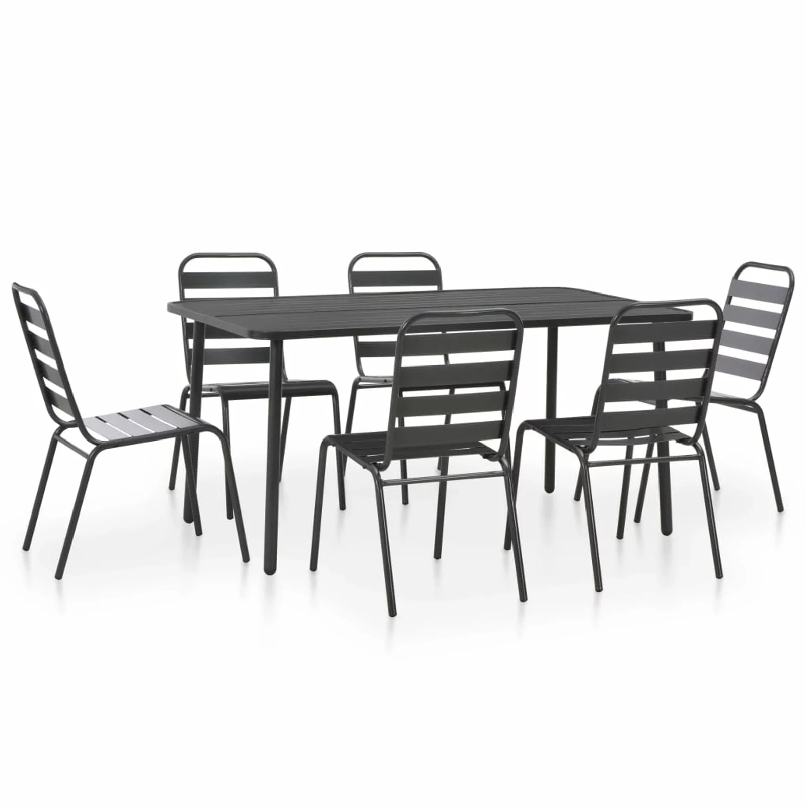 Dcenta 7 Piece  Dining Set Steel Table and 6 Stacking Chairs Dinner Set Dark Gray for Garden, Balcony, Yard, Deck, Lawn, Patio, Dining Room