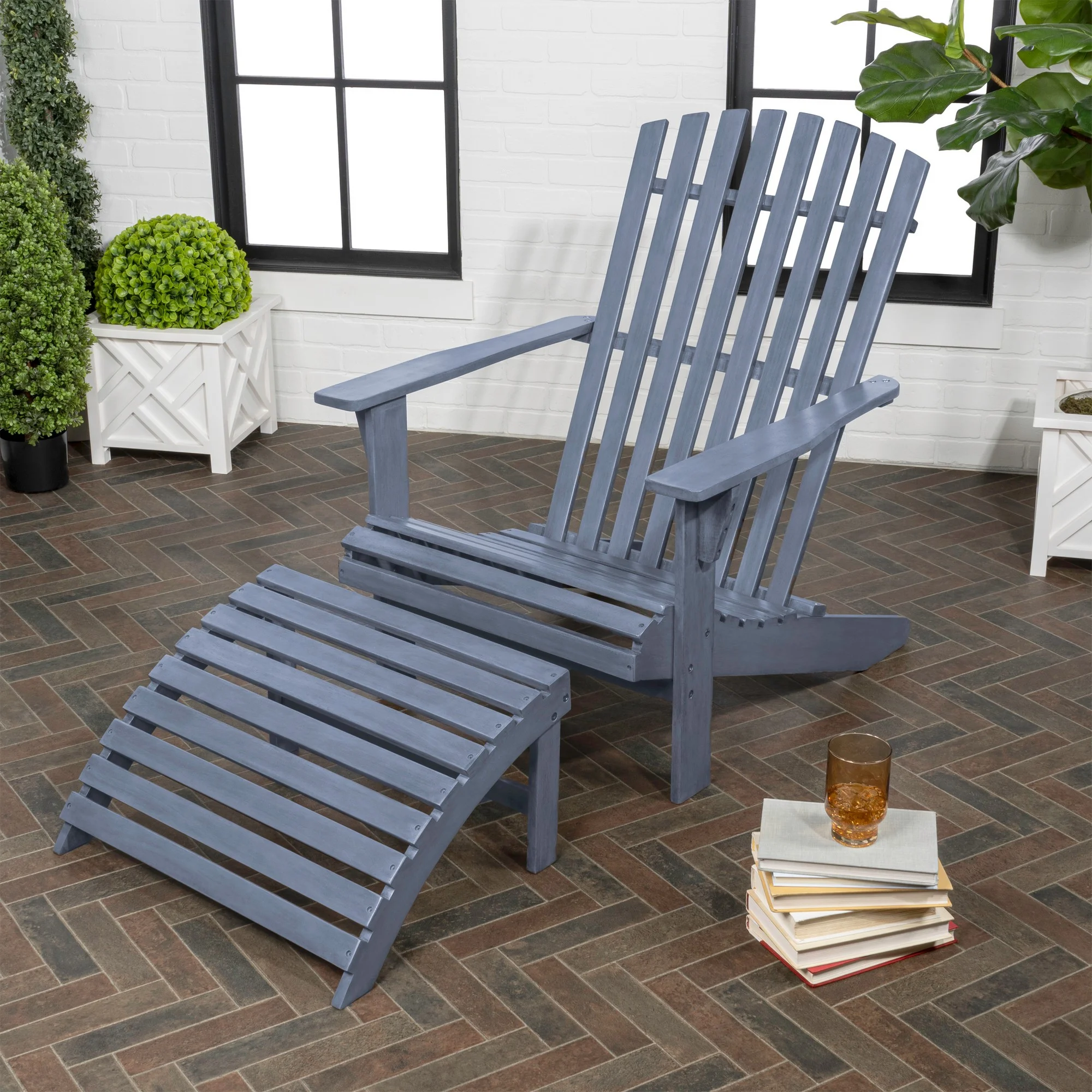 Saranac 2-Piece Traditional Rustic Acacia Wood Adirondack Chair with Detachable Ottoman, Cashmere Blue