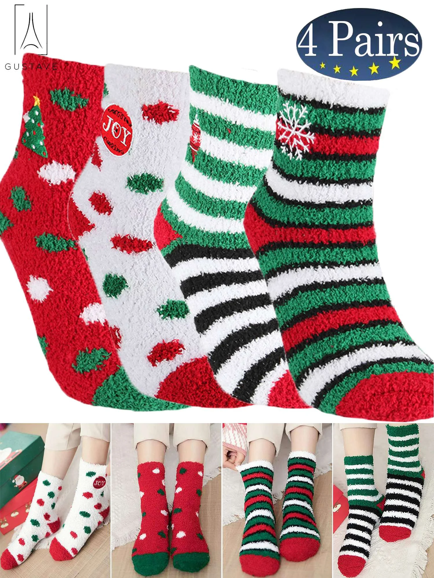 Gustave Christmas Fuzzy Socks, 4 Pairs Cute Coral Fleece Winter Warm Socks Holiday Slipper Sock for Xmas Women Girls 