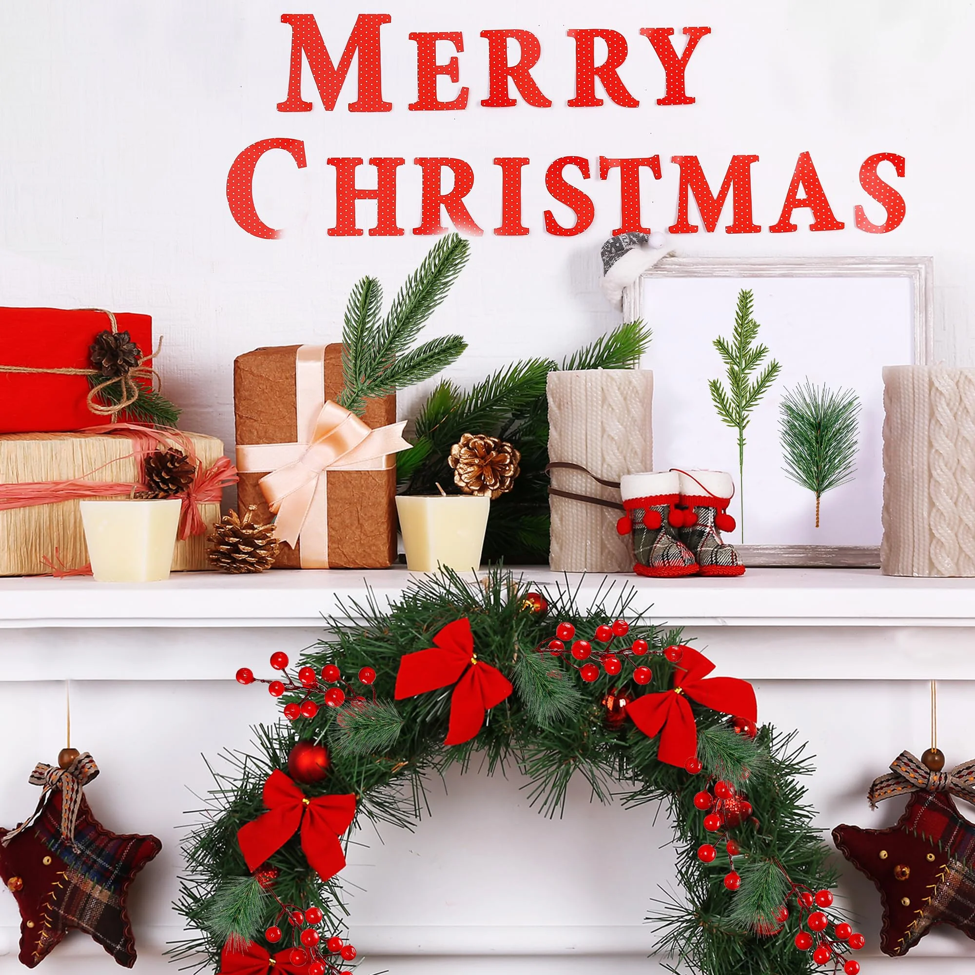 TETOU 60pcs Christmas Norfolk Pine Branches Fake Red Berry Stems Pine Needles DIY Wreath Decor