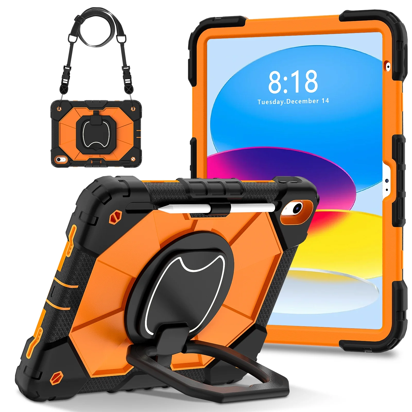 Dteck Case for iPad 10th Generation 10.9 Inch 2022, Sturdy Heavy Duty Shockproof Protective Case with Rotating Handle Grip Stand, Shoulder Strap for iPad 10th Gen,Black+Orange