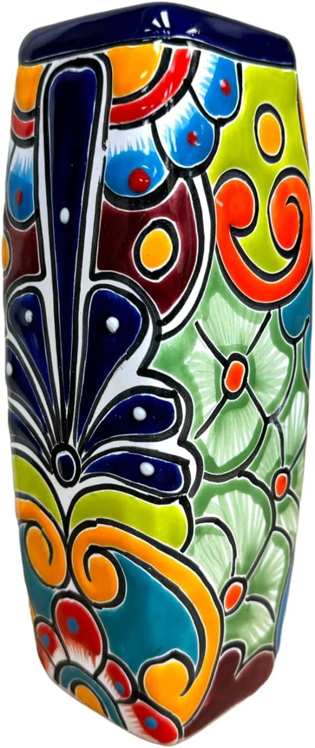Talavera Planter Square Vase Folk Art Mexican tery Handmade Hand Painted Home Decor Indoor Multicolor Outdoor 9.25