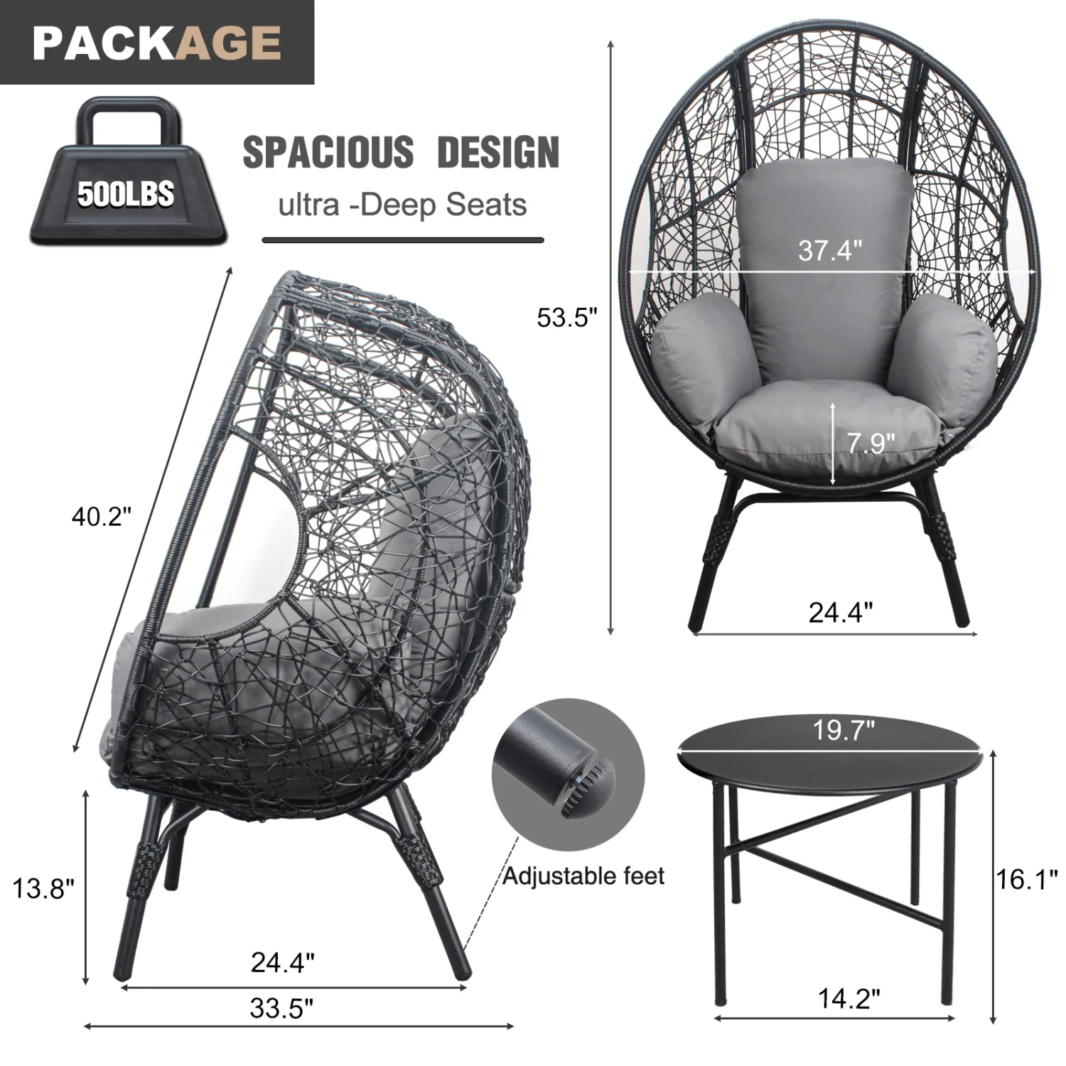 Stylish 3-Piece Patio Egg Chair Set with Side Table  featuring Black PE Rattan and Grey Cushion  Model 3