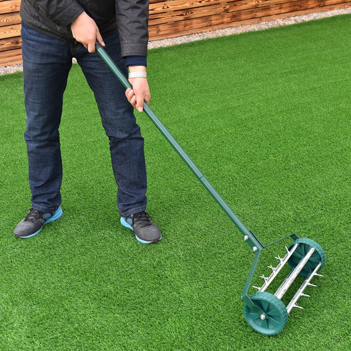 Heavy Duty Rolling Lawn Aerator, 18-inch Rotary Spike Soil Aeration with a Handle, Great for Garden and Yard
