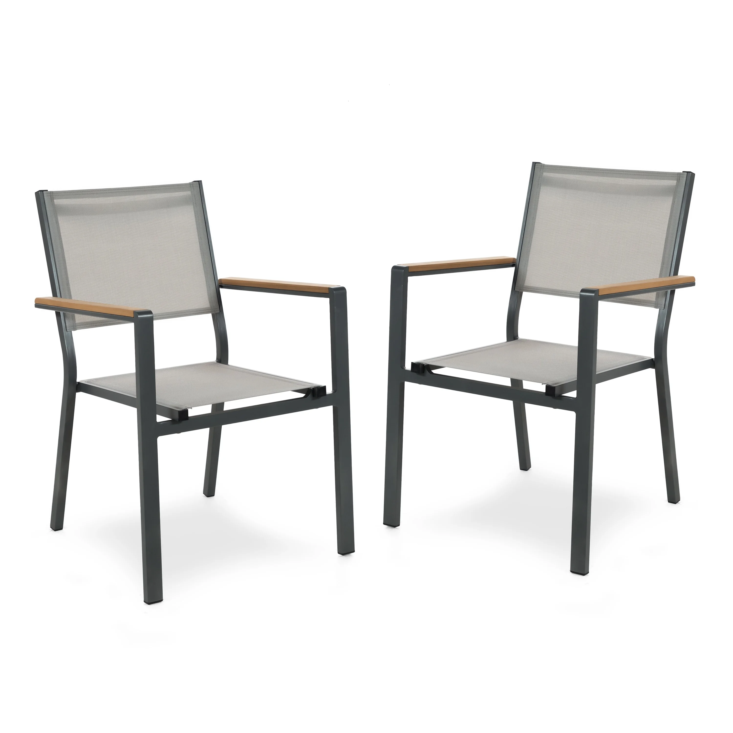 Greemotion Mackay 2-Piece Outdoor Patio Metal Gray Frame Chairs with Teak Accent