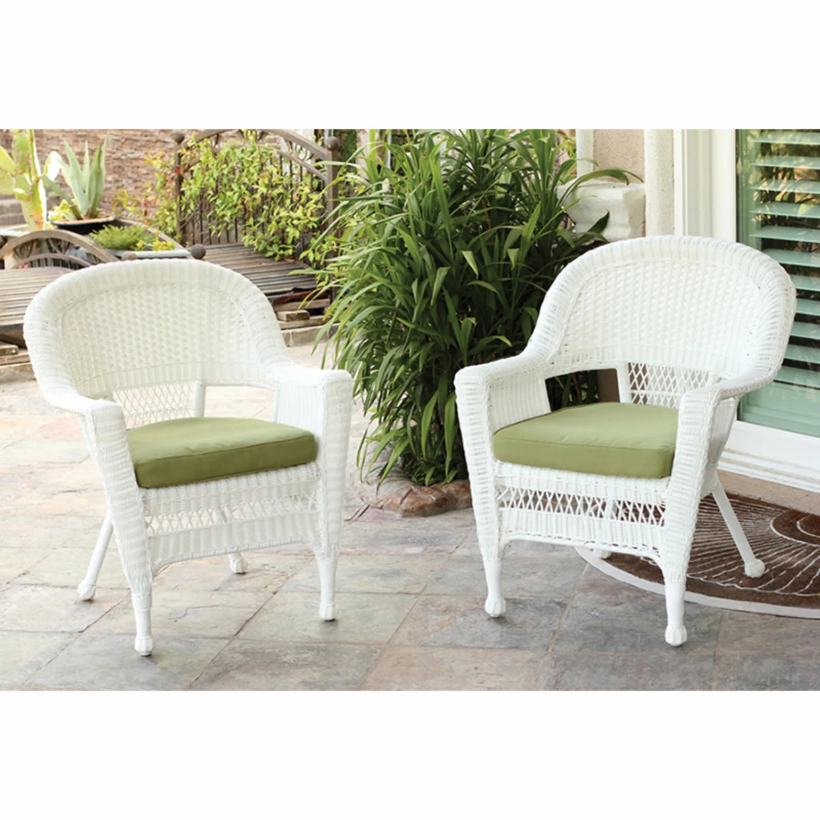 Jeco Wicker Chair in White with Green Cushion (Set of 4)