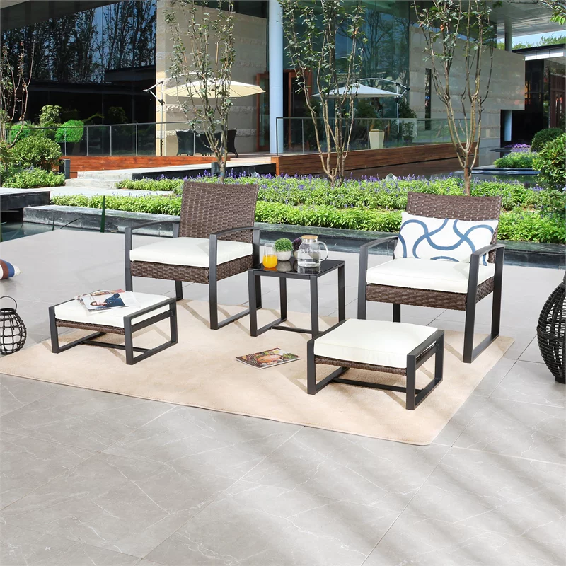 Patio Festival 5-Piece Resin Wicker Conversation Set in Off White and Brown