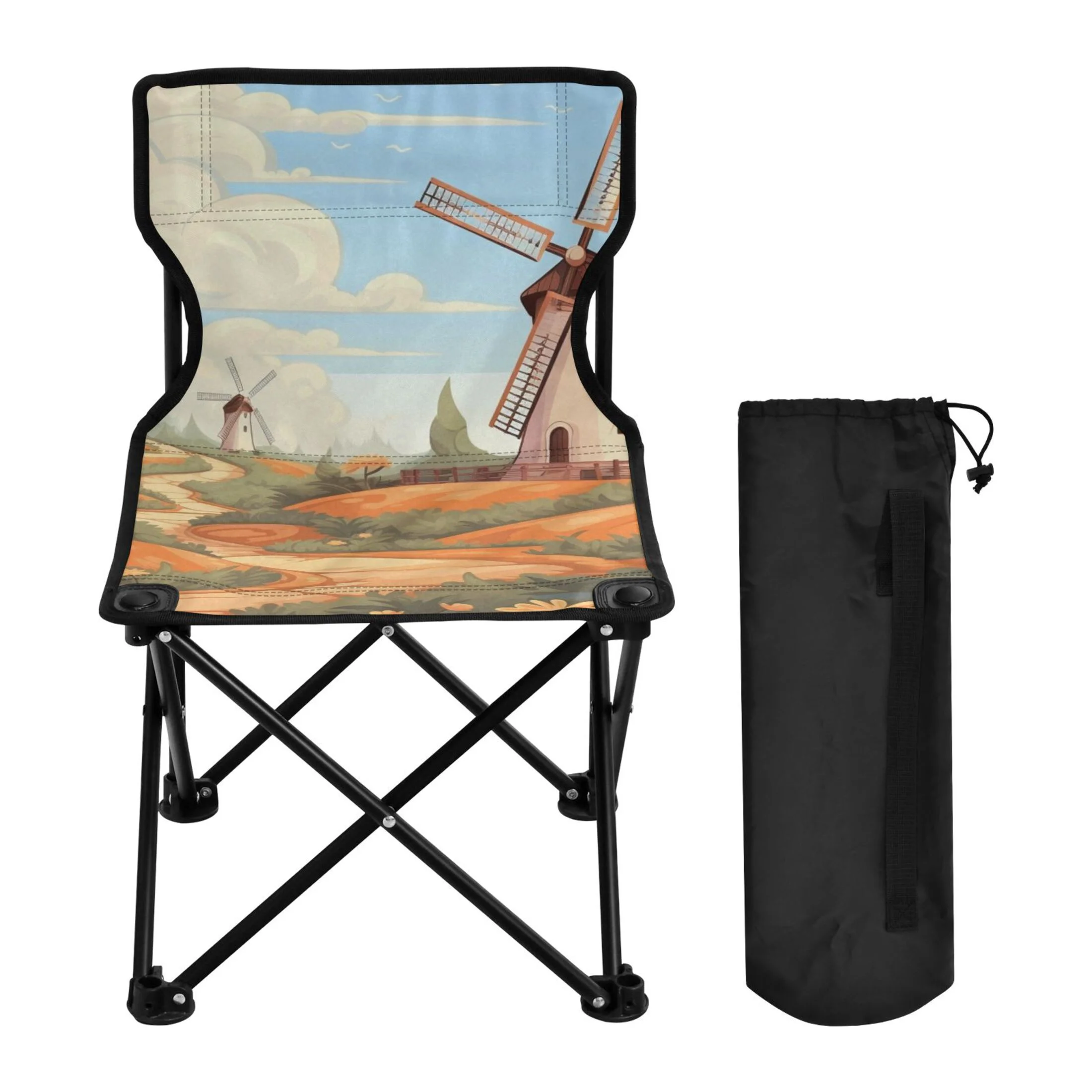 Windmill and Flowers Portable Camping Chair Outdoor Folding Beach Chair Fishing Chair Lawn Chair with Carry Bag Support to 220LBS