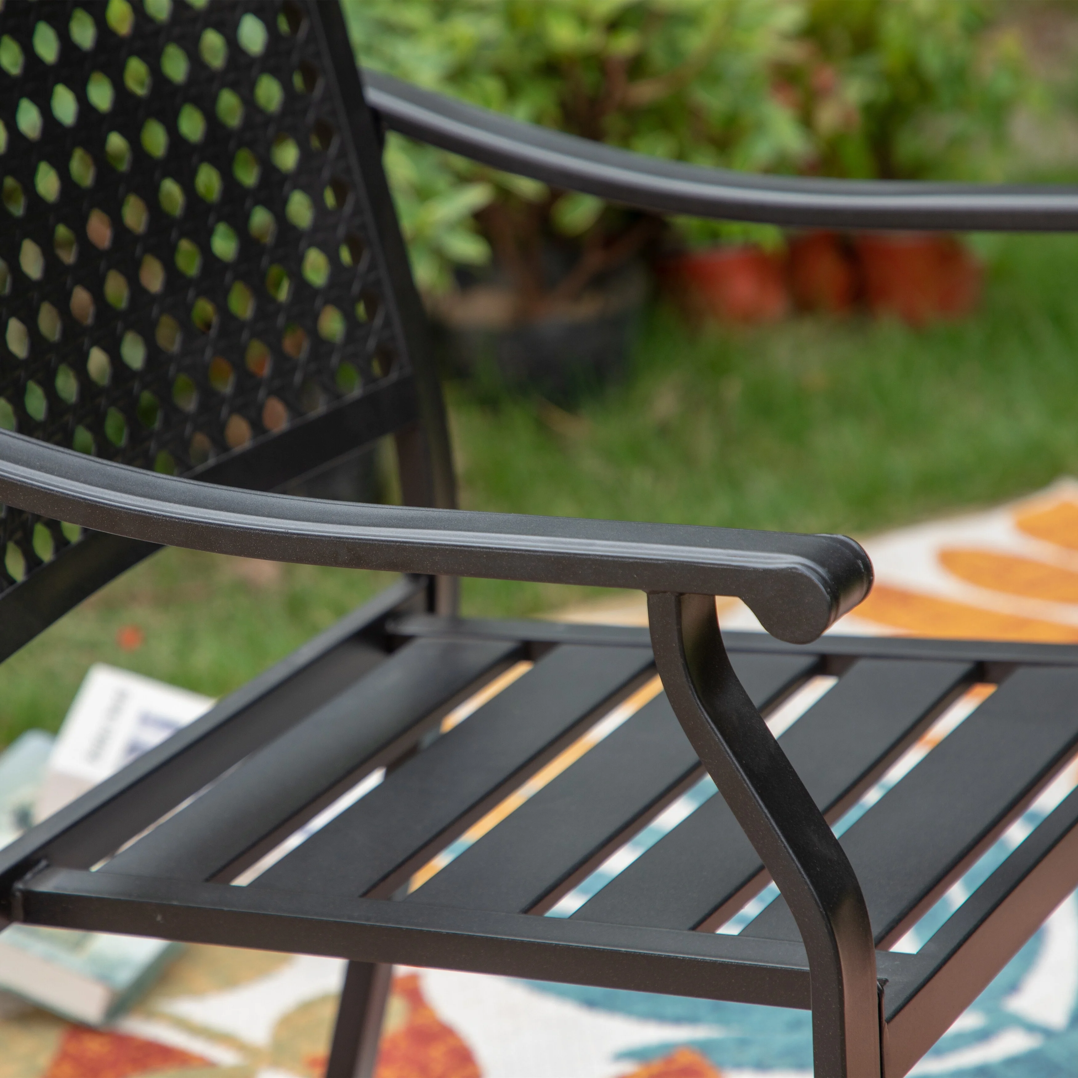 7-Piece Patio Dining Set Metal E-coating of 6 Upgraded Back Pattern Chairs & 1 Umbrella Hole Metal Table Stackable