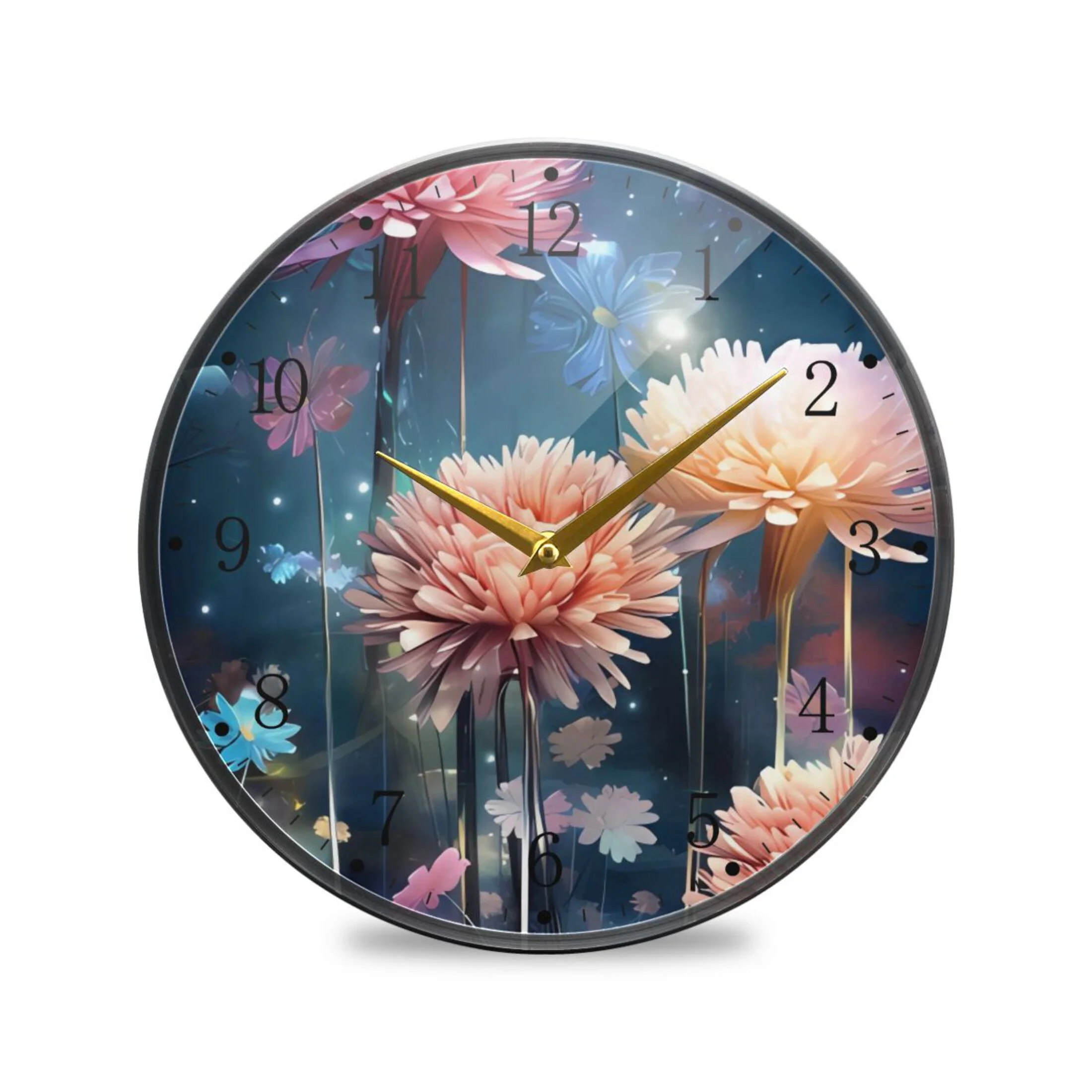 Flowers on Water Acrylic Wall Clocks Quiet Round Clock Battery Operated Non-Ticking Clock for Bedroom Kitchen Office Decorative 9.5 Inch
