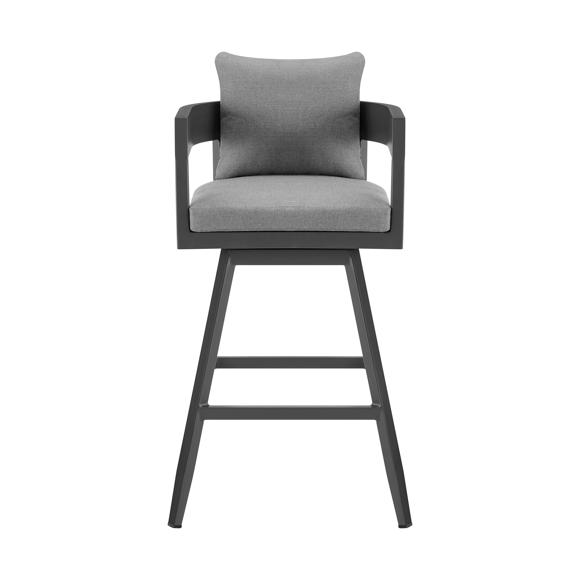Menorca Outdoor Patio Swivel Bar Stool in Aluminum with Gray Cushions