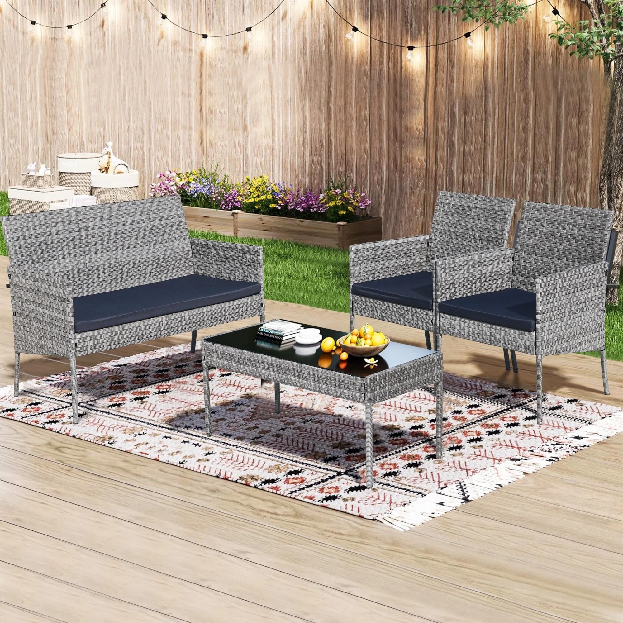 Shinpt Rattan Balcony Sets 4 Pieces, Patio Furniture Set for Graden and Lawn, Outdoor Conversation Sets with Rattan Chair, Wicker Sofa and Glass Coffee Table, Grey