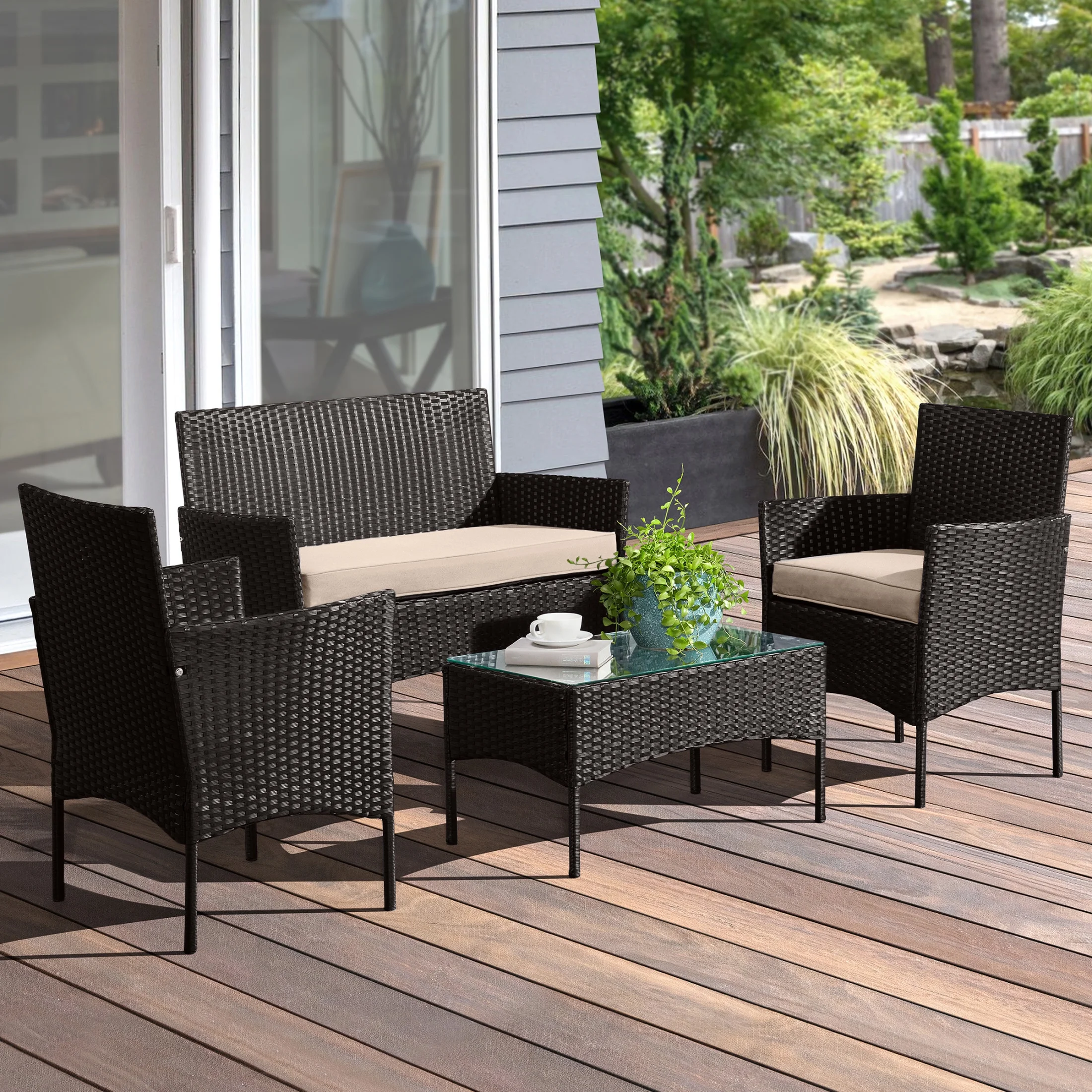 Lavish Home 4PC Patio Furniture Set with Couch, Chairs, and Table (Black)