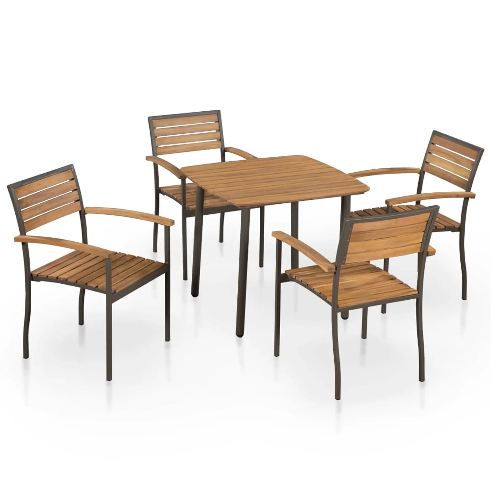 Anself Set of 5 Patio Dining Set Acacia Wood Garden Table and 4 Chairs Steel Frame for Garden, Backyard, Balcony, Camping, Picnic