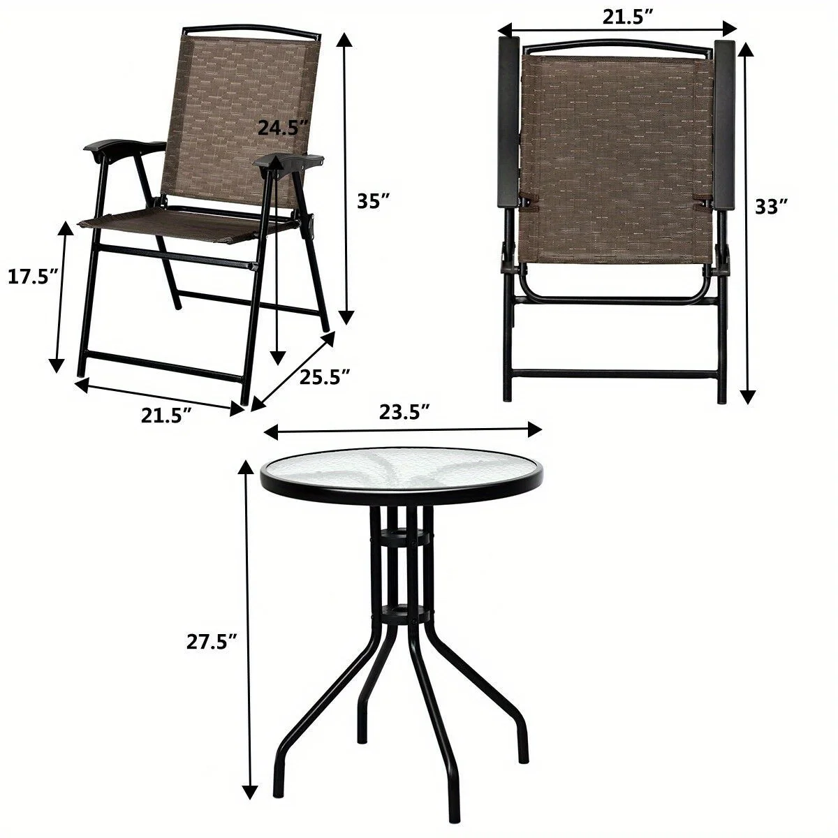 3PC Bistro Patio Garden Furniture Set 2 Folding Chairs Glass Table Top Steel NEW