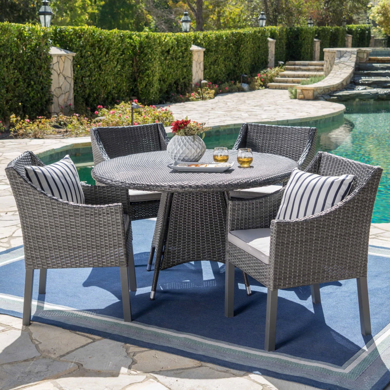 Frances Outdoor 5 Piece Wicker Round Dining Set with Cushions, Multibrown and Beige