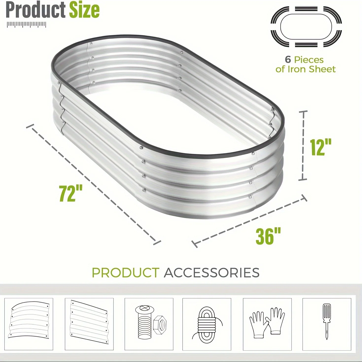 6X3X1 FT Outdoor Metal Raised Garden Bed Kit, Galvanized Large Oval Bottomless Planter Box for Vegetables, Flowers, Herbs, and Succulents, Silver