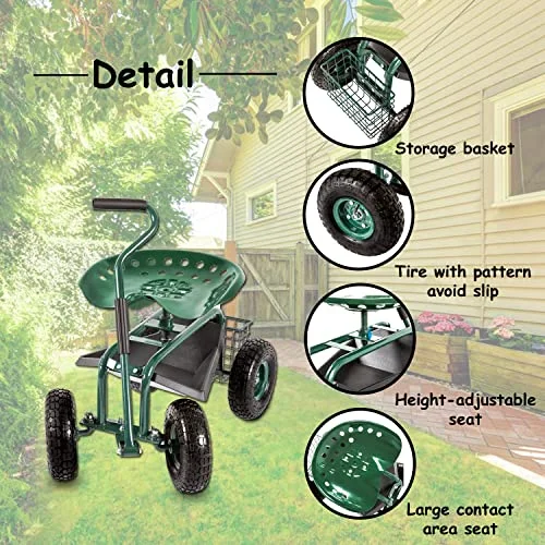 Garden Cart Yard Cart - Garden Cart with Seat,Garden Stool with Wheels,Gardening Stool,Beach Cart,Green