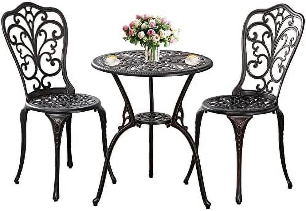 LNSETGC Patio  3 Piece Outdoor   Cast Aluminum Bistro Table and Chairs  with Umbrella Hole  Rust-Resistant Garden Table and Chairs  Bronze