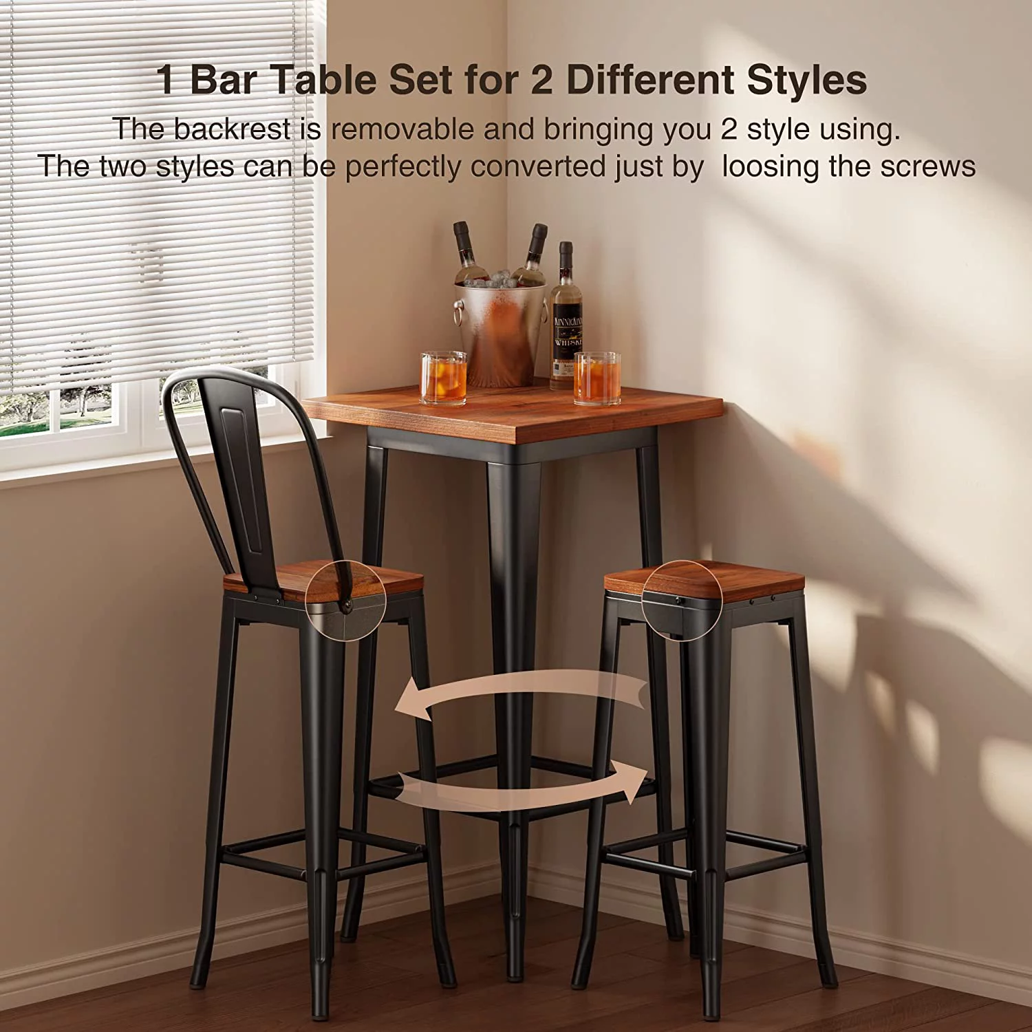 Bar Table Set, Lofka Square Counter Height Bistro Dinette Sets with 2 stools, Brown