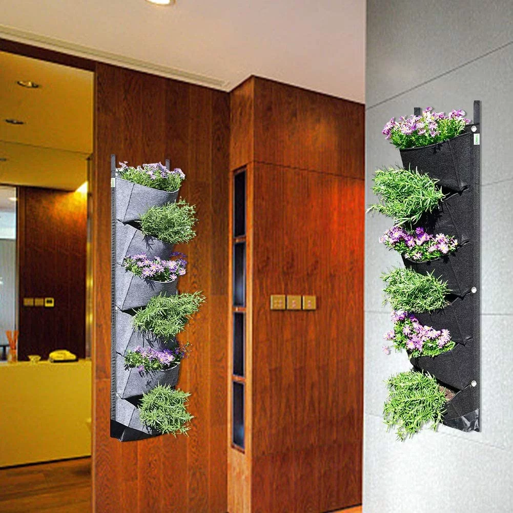 BUYTER Vertical Wall Hanging Garden Planter with 6 Pockets Flower Pots Felt Planter Grow Container Bags (Blacky)