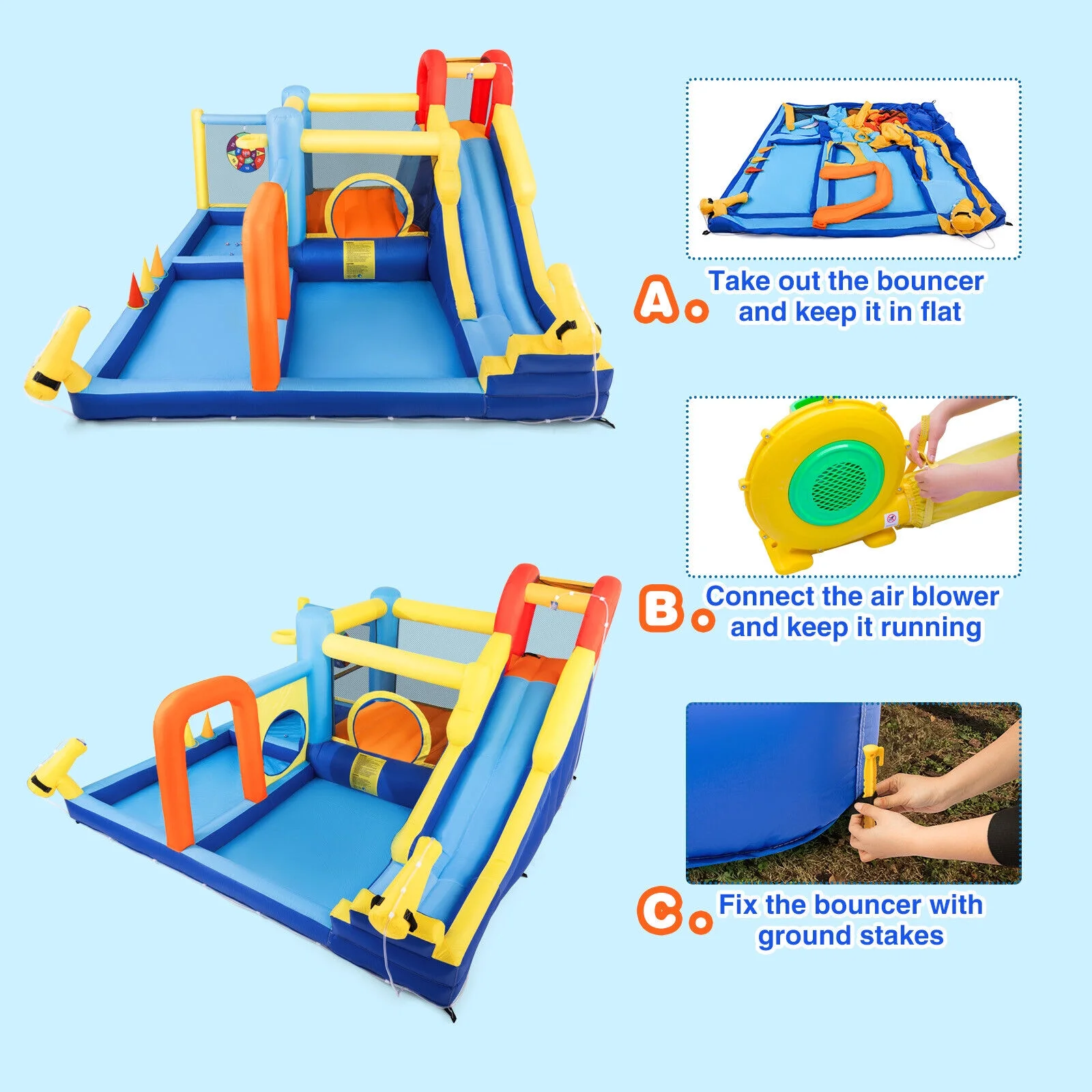 JOYLDIAS Inflatable Water Slide Bouncer Castle Kids Playhouse with Splash Pool, Climbing Wall, Trampoline, Felt Ball Target, Ring Toss Game, 550W Air Blower