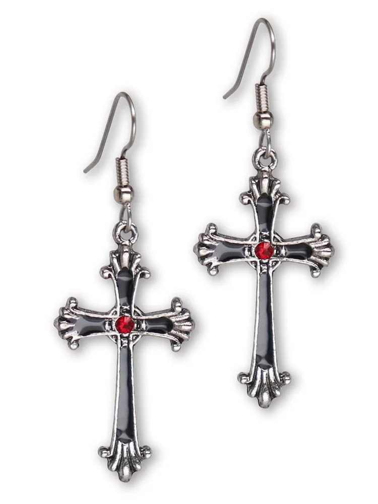 Gothic Victorian Cross Silver Finish Pewter Dangle Earrings with Red Austrian Crystals by Real Metal #1003