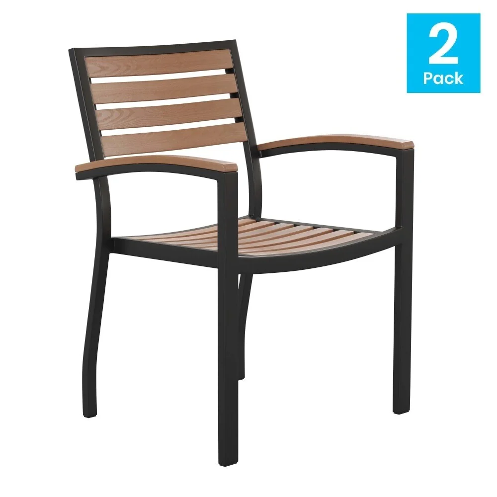 Lancaster Home Set of 2 Stackable All-Weather Aluminum Patio Chairs with Faux Teak Slats Teak